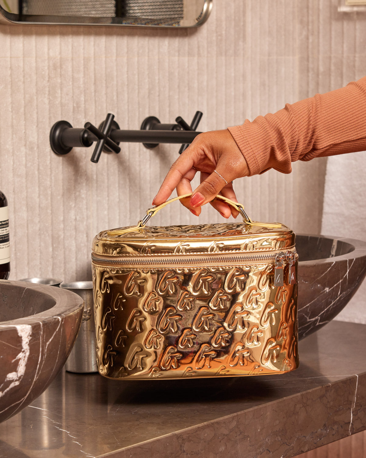 Large Metallic Monogram Toiletry Bag in Gold - Travel Cosmetic Organizer for Women & Men, Perfect for Vacation, Gym, and Weekend Getaways