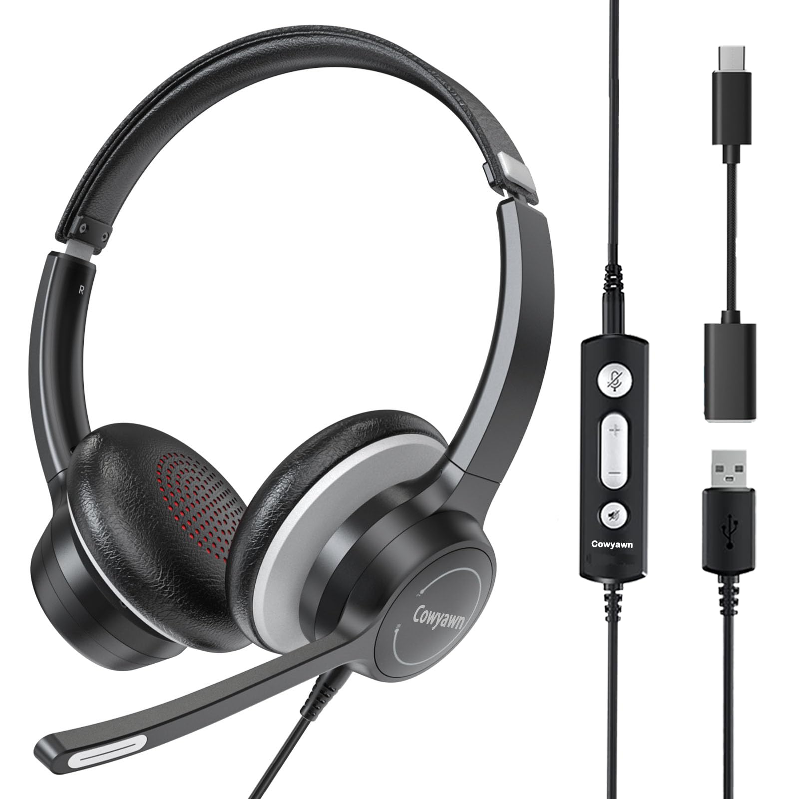 Noise Cancelling USB Headset with Microphone for PC & Laptop - Wired Computer Headset with In-Line Controls, USB-A/USB-C Compatible for Work, Home Office, Call Center, Gaming & Online Meetings