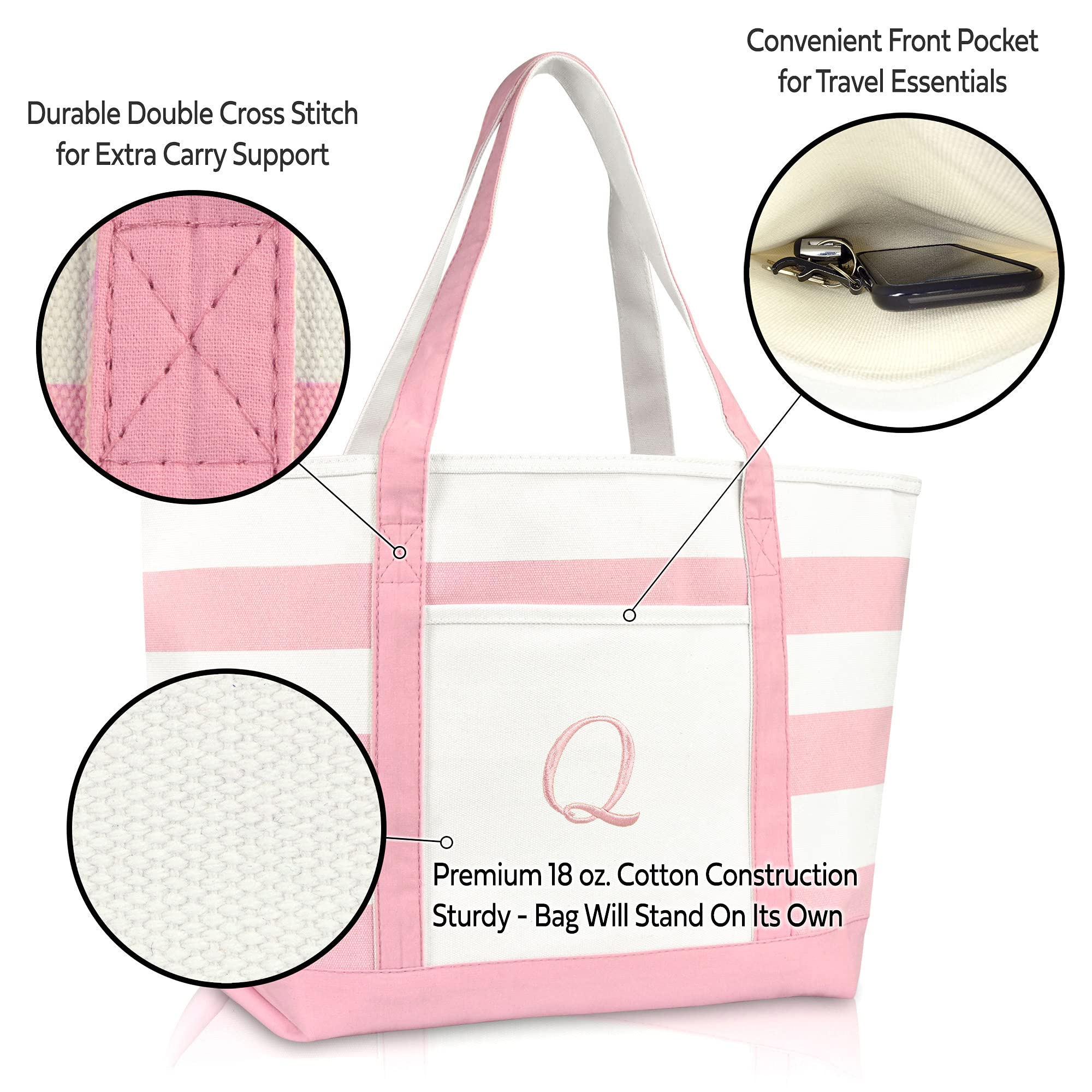 DALIX Personalized Striped Beach Tote Bag with Monogram Letter A-Z - Pink Satchel for Women, Summer Travel, Pool Party & Vacation Essentials