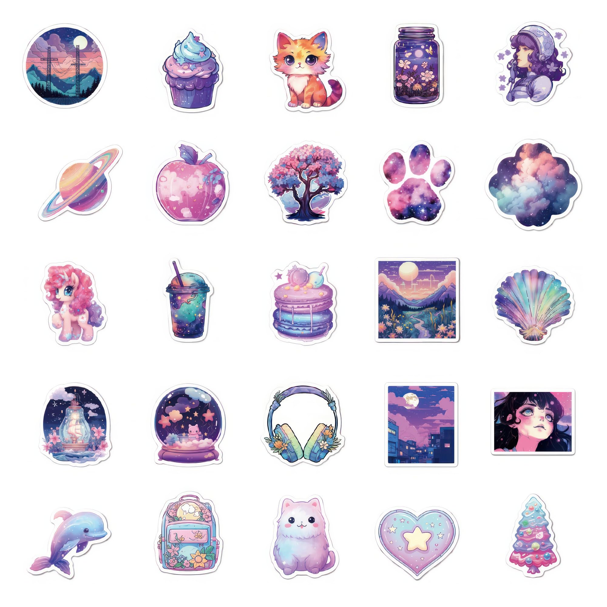 50 Midnight Magic Fantasy Stickers - Kawaii Waterproof Decals for Kids & Teens - Aesthetic Purple Cute Vinyl Stickers for Water Bottles, Laptops, Journals, Mirrors - Perfect for School, DIY Crafts & Nature Exploration