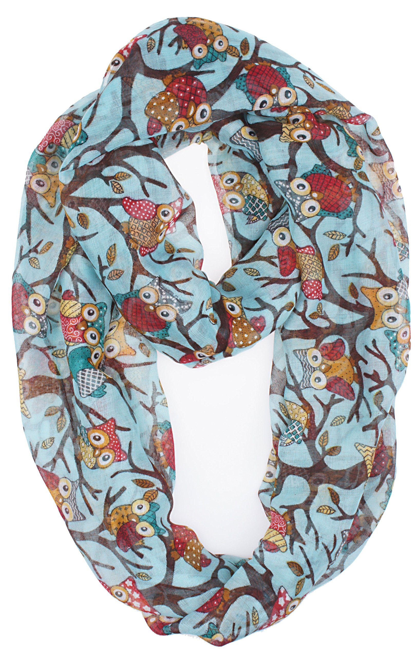 VIVIAN & VINCENT Lightweight Owl Print Sheer Infinity Scarf - Soft & Stylish Fashion Accessory for Women, Perfect for Casual Wear, Office & Outdoor Activities (Teal)
