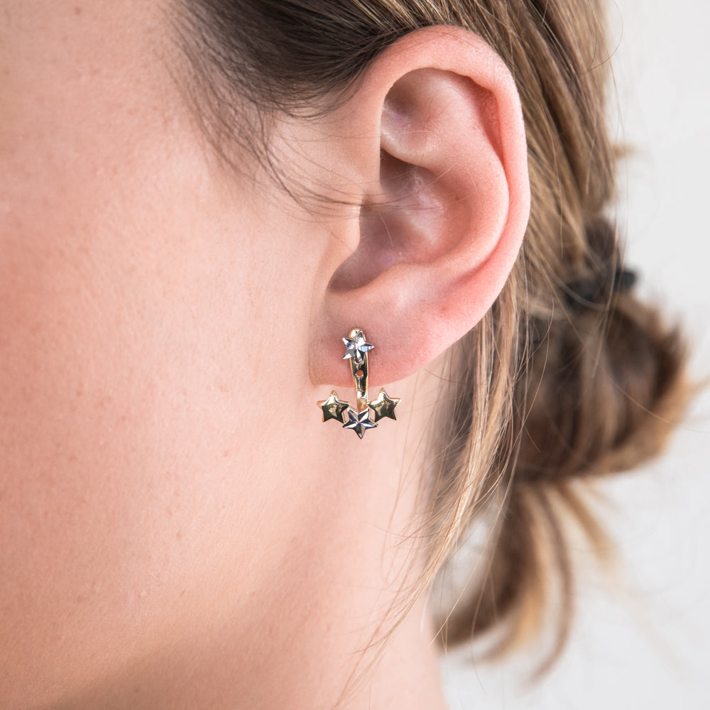 9ct Yellow and White Gold Two-Tone Star Earjacket Earrings for Women - Elegant Stud Back Earrings for Parties, Weddings, and Everyday Wear