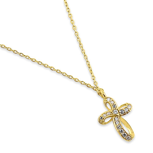 14K Solid Yellow Gold Ribbon Cross Necklace with CZ Stones - Elegant Religious Jewelry for Women, Perfect for Church, Weddings & Everyday Wear
