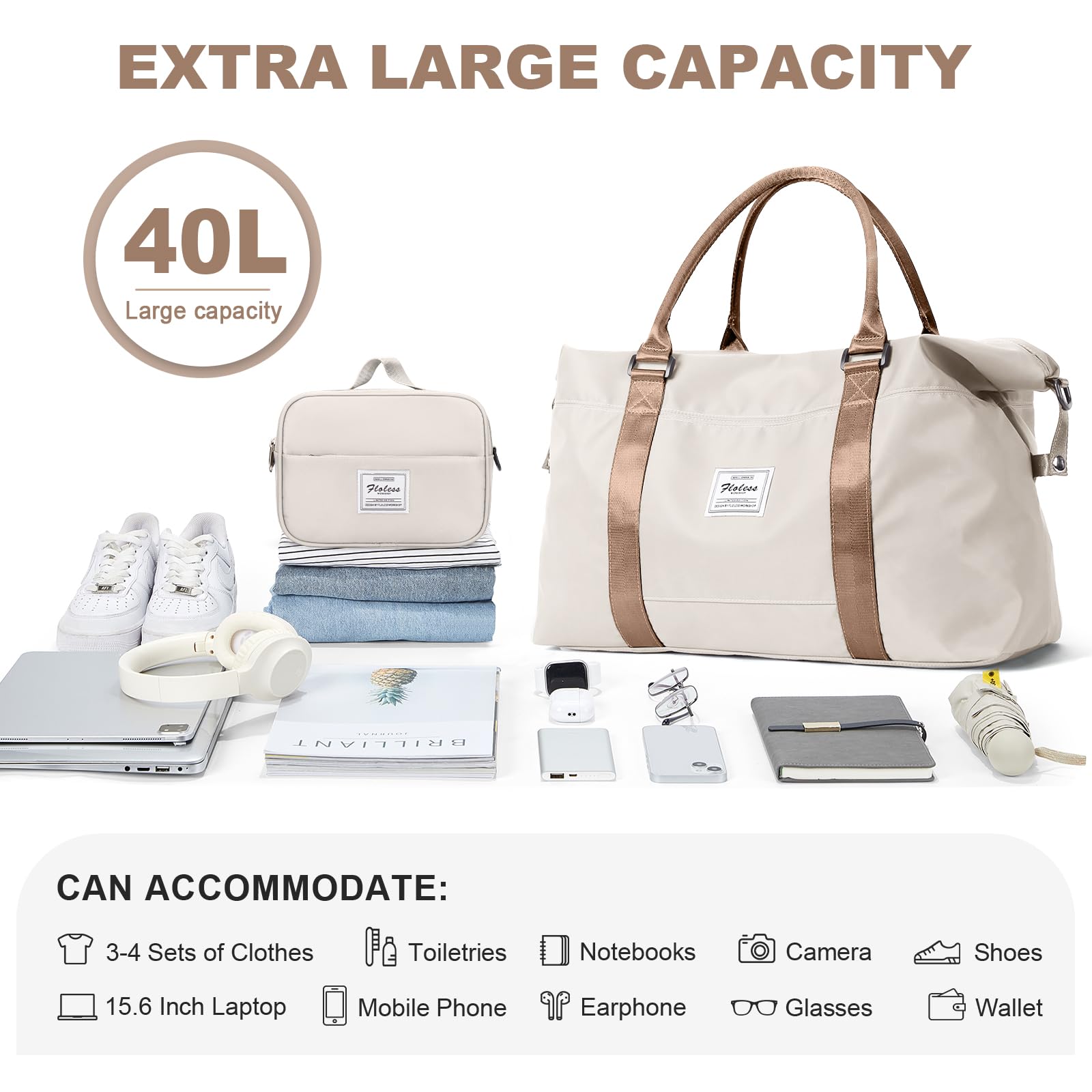 Women's Extra Large Travel Duffel Bag with Toiletry Bag & Wet Pocket - Waterproof Weekender Overnight Bag, Gym Bag, Carry-on Luggage for Travel, Workout, Camping - Beige & Brown