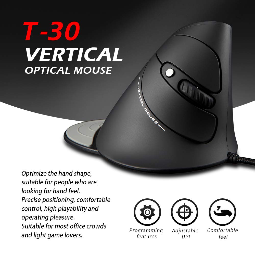 Zelotes Vertical Ergonomic Mouse - 3200 DPI Wired USB Optical Mouse with 6 Buttons, Carpal Tunnel Relief for PC, Laptop, Mac (Black) | Perfect for Office Work, Gaming & Long Computer Sessions