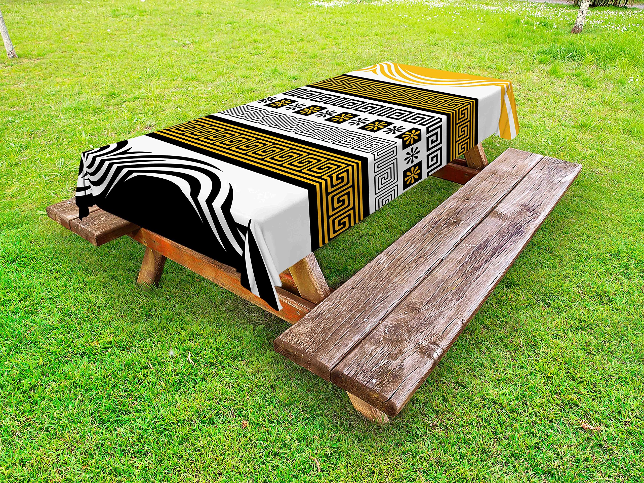 Ambesonne Geometric Outdoor Tablecloth - Neo Classical Stripes Floral Tribal Design, Washable Picnic Table Cover 58x84 Inches, Marigold White Black - Perfect for Garden Parties, BBQs, and Outdoor Dining