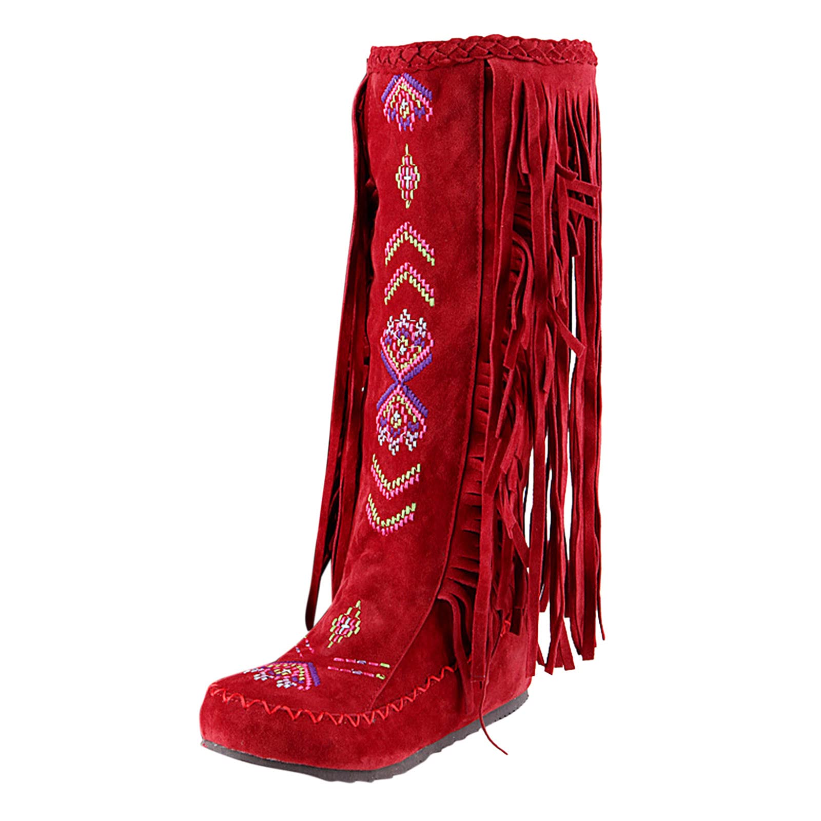 Women's Knee High Wide Calf Boots with Fringe & Tassel Details - Chinese Style Leather Fashion Boots in Black (Size 8.5) - Perfect for Fall/Winter Outfits & Cultural Events