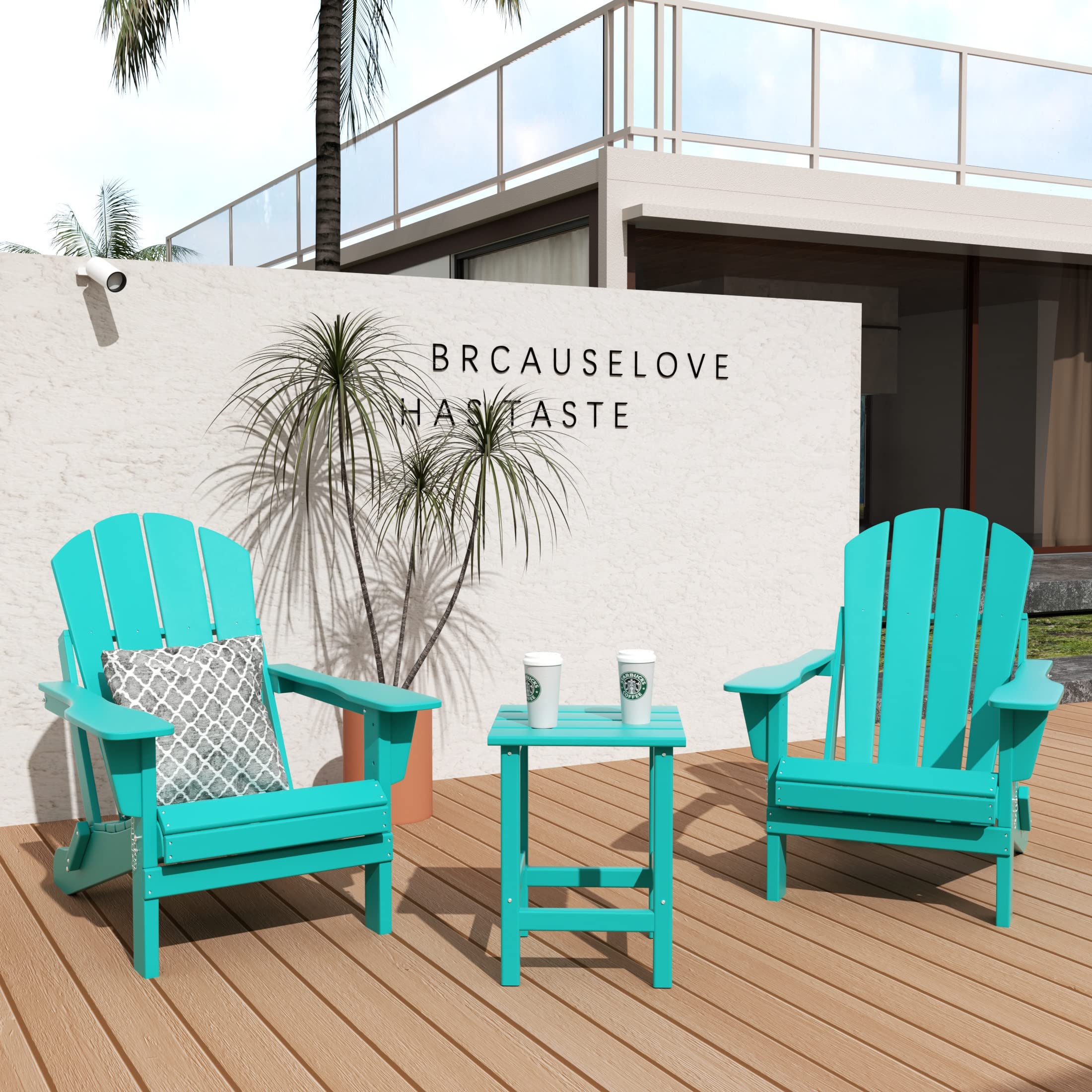 Premium WO Home Furniture 3-Piece Adirondack Chair Set with Side Table - Outdoor Folding Chairs & End Table, Weather & UV Resistant - Perfect for Lawn, Garden, Bonfire, Balcony, Patio & Backyard Relaxation (Turquoise)