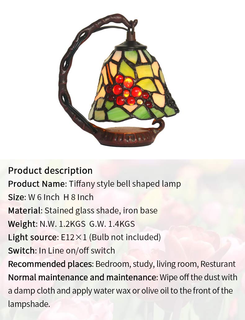 Tiffany Style Small Night Light - Bell Shaped Table Lamp with Green Grape Stained Glass Shade & Iron Base - Perfect for Living Room, Bedroom, Bedside & Nightstand - Romantic Ambiance Lighting for Home Decor