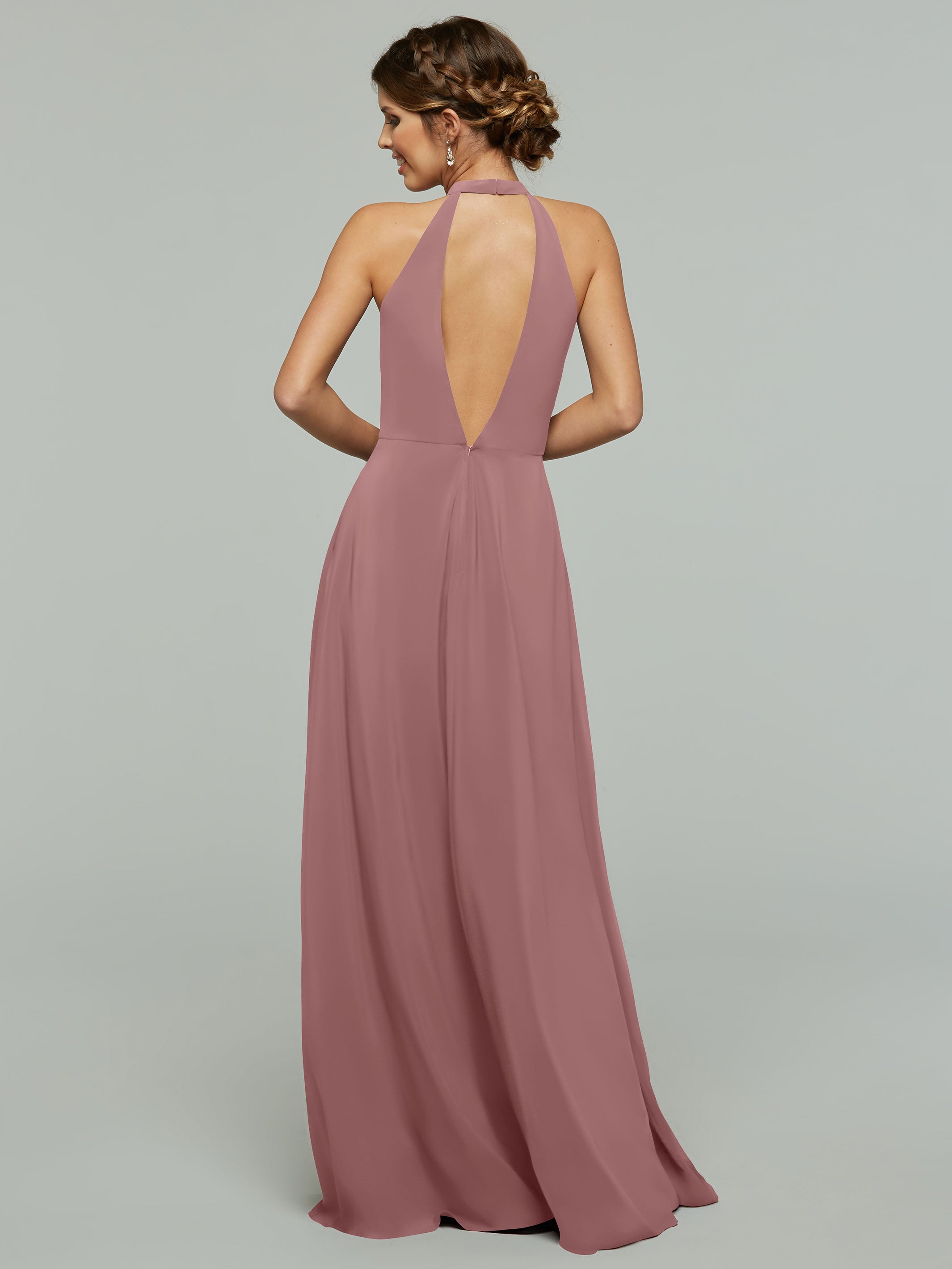 Elegant 80115 Stretch Chiffon A-Line Bridesmaid Dress with Plunging Halter Neckline - Perfect for Weddings, Formal Events & Special Occasions