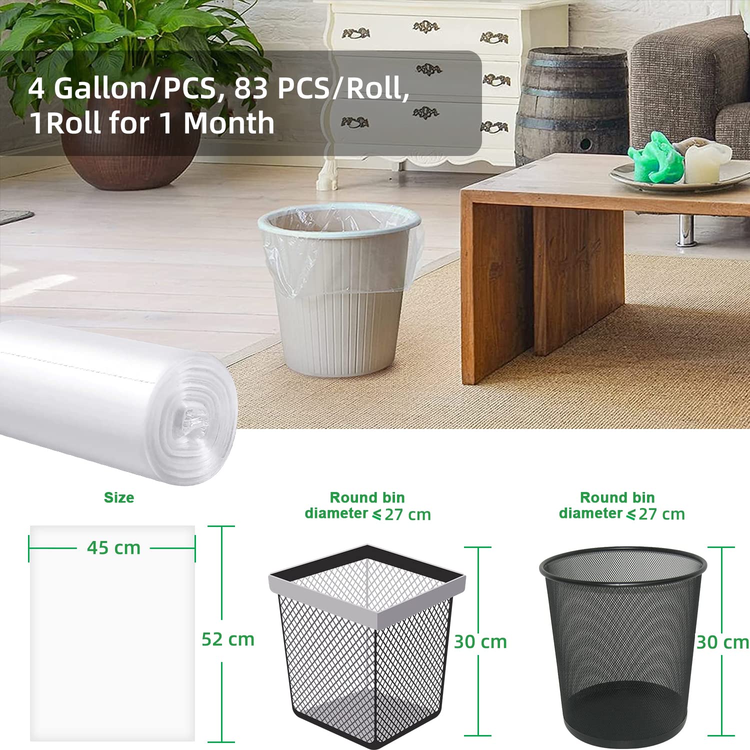 Waikas 4 Gallon Small Trash Bags - 80 Count Clear Plastic Garbage Bags for Bathroom, Bedroom, Car & Living Room | Perfect for Mini Trash Cans, Office Waste Bins & Home Use