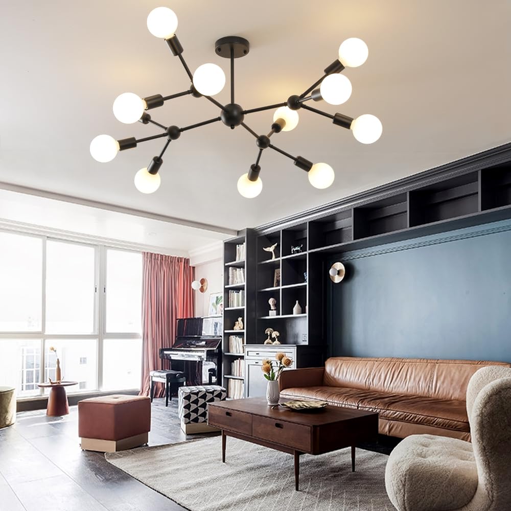 Modern Black Sputnik Chandelier - 12-Light Metal Ceiling Fixture with Pendant Lighting for Bedroom, Living Room, Dining Room | Stylish Mid-Century Lighting for Home & Office Decor