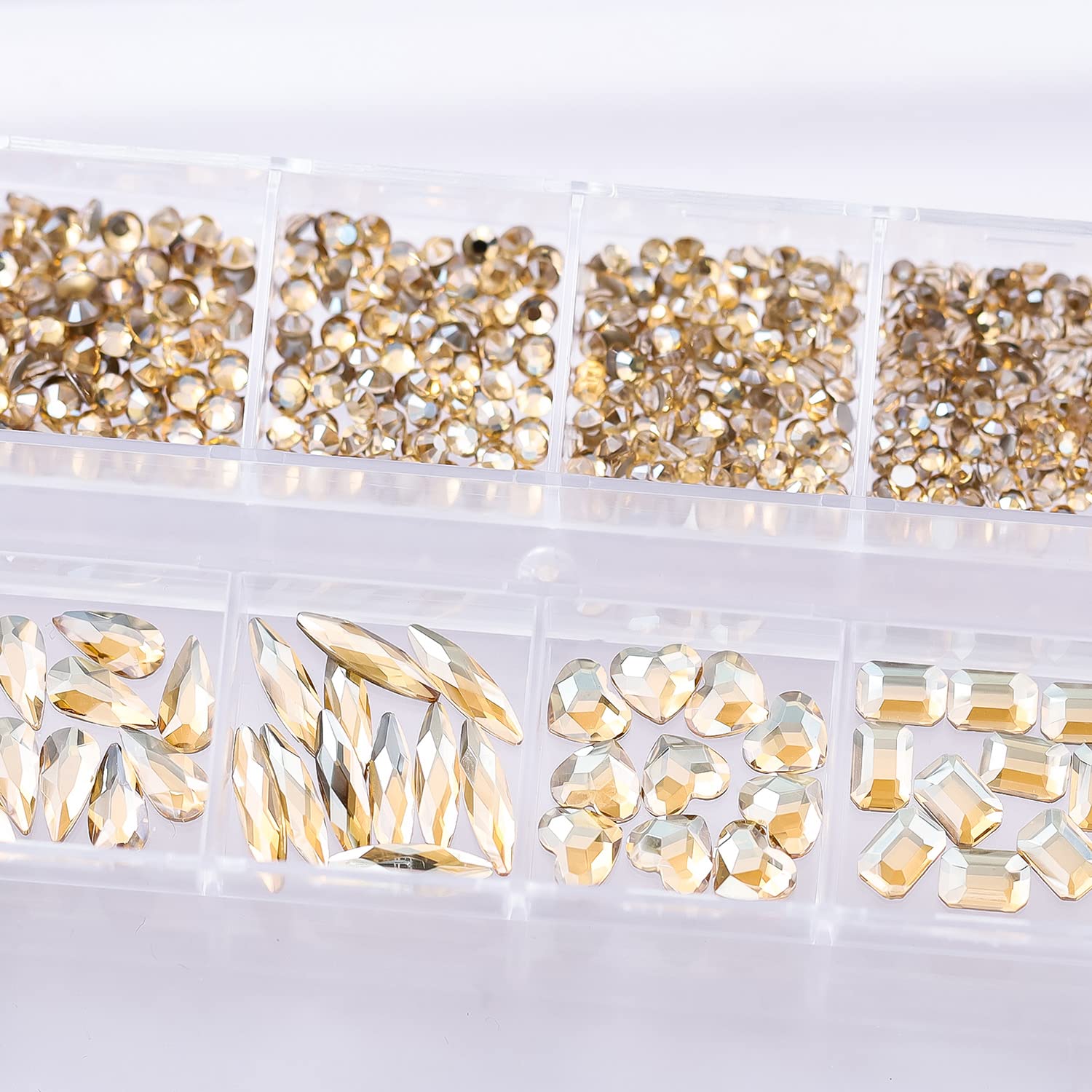 1130Pcs Champagne Gold Rhinestones for Nails - Flat Bottom Gold Diamond Nail Art Gems for Acrylic Nails, DIY Crafts | 12 Grids | Perfect for Nail Salon, Home Manicure & Jewelry Making