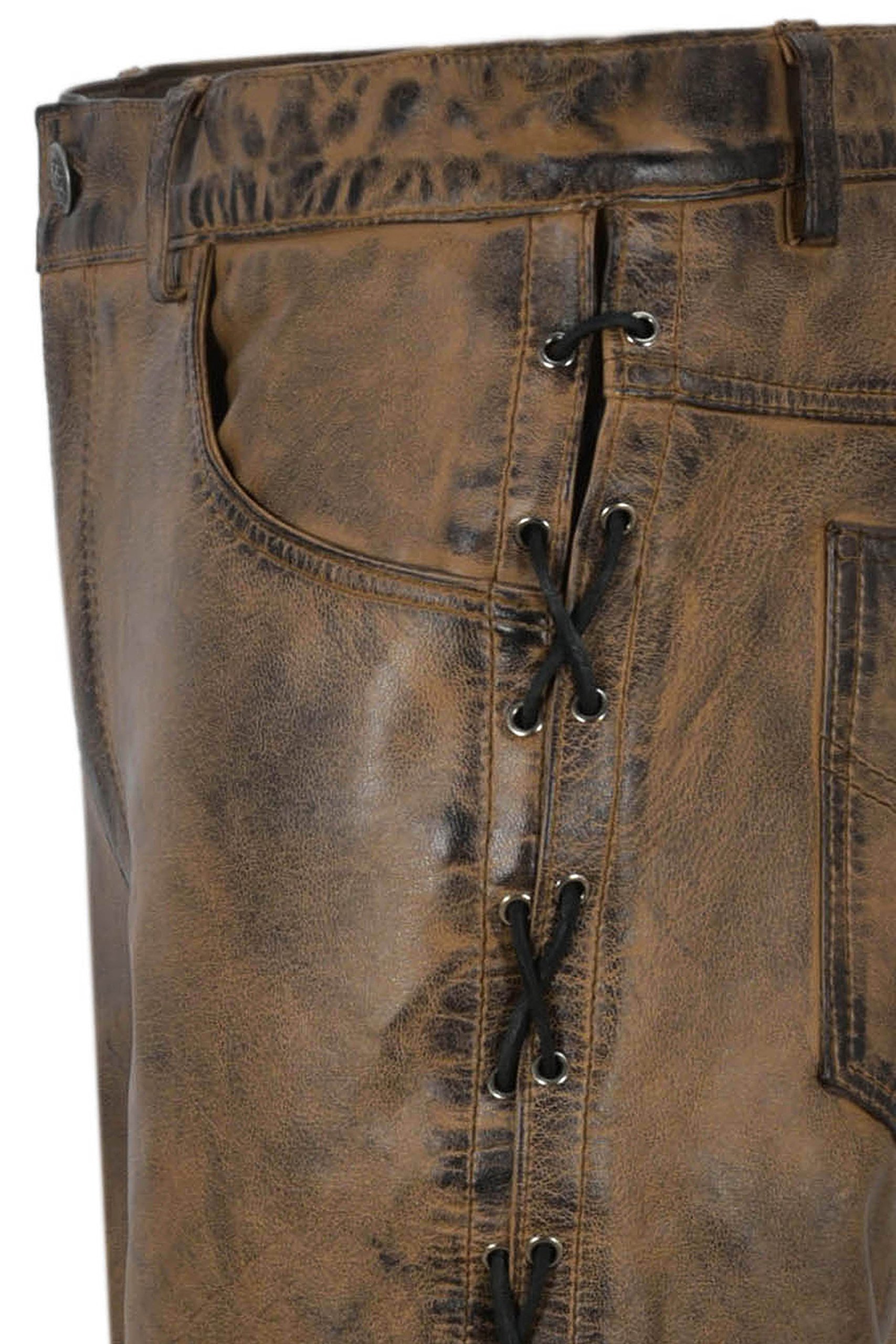 Men's Biker Leather Pants - 100% Genuine Lambskin Motorcycle Trousers in Dirty Brown with Lace-Up Design | Perfect for Riding, Motorcycle Enthusiasts & Fashion Streetwear