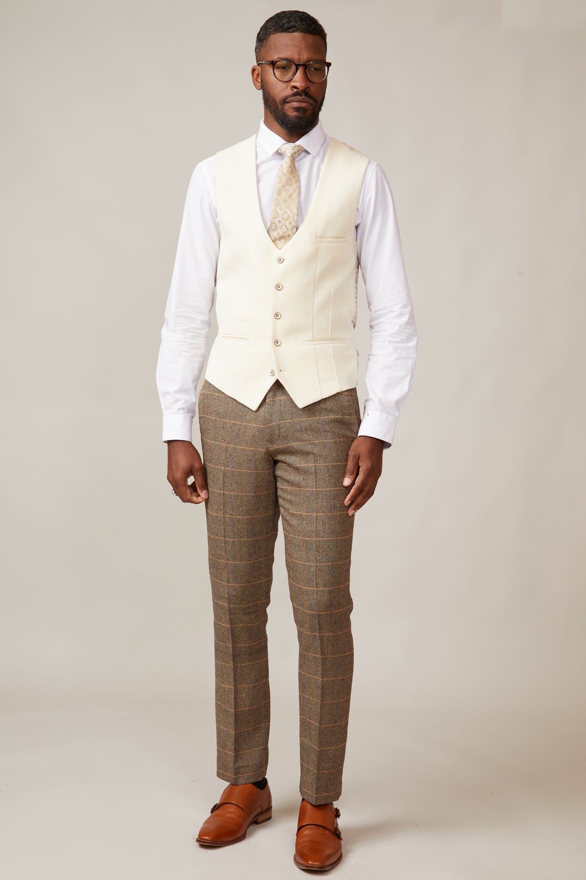 Elegant TED Tan Tweed Check Suit with Kelvin Cream Waistcoat - Perfect for Weddings, Business Meetings & Formal Events