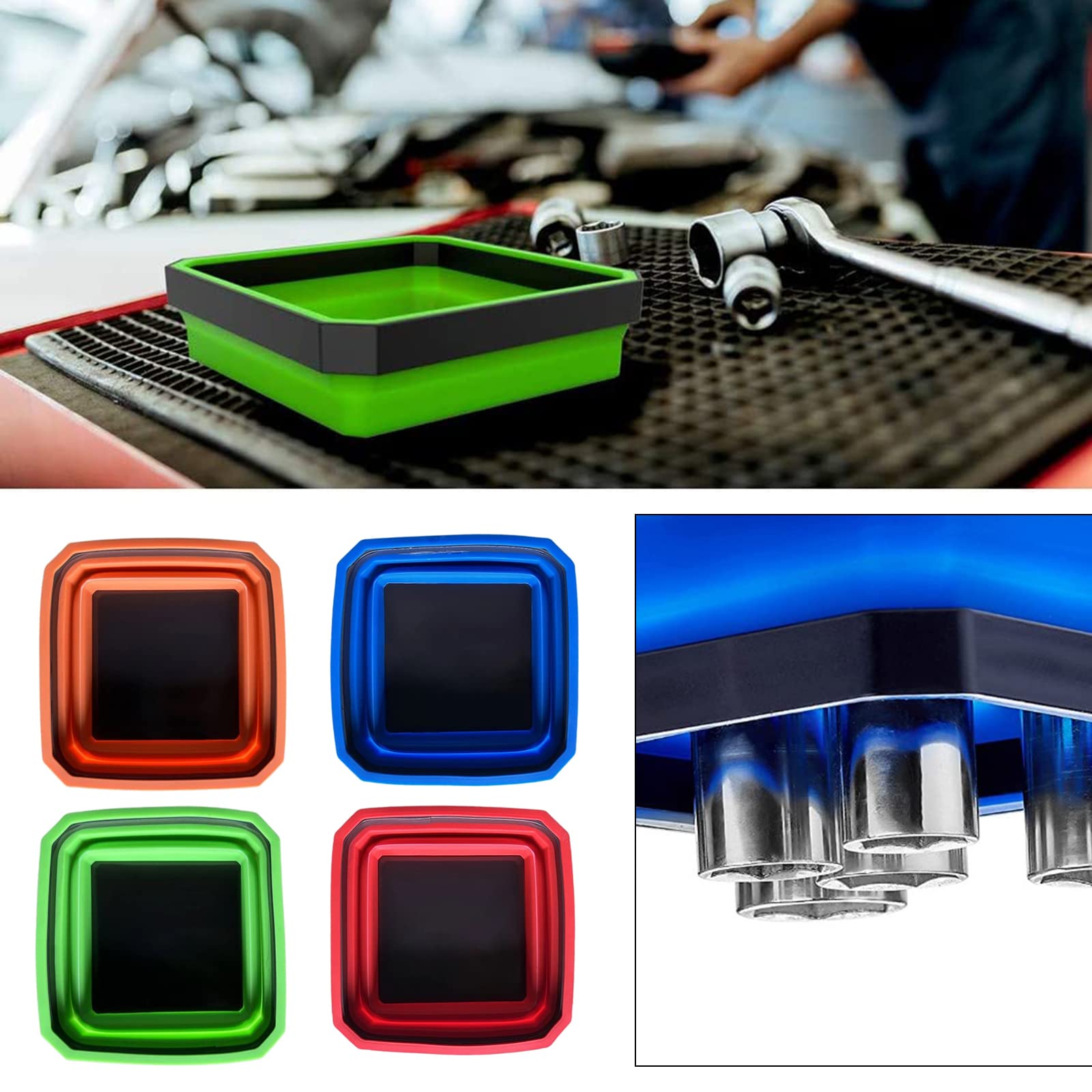 Collapsible Magnetic Silicone Tool Tray Set - Foldable Parts Organizer with Strong Magnets (4 Pack) - Perfect for Mechanics, DIY Projects & Workshop Organization