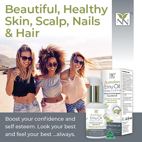 100% Pure Pharmaceutical Grade Emu Oil with Lemongrass Essential Oil - 60ml Bottle for Skin Care, Hair Growth & Pain Relief - Natural Moisturizer for Dry Skin, Eczema & Joint Pain