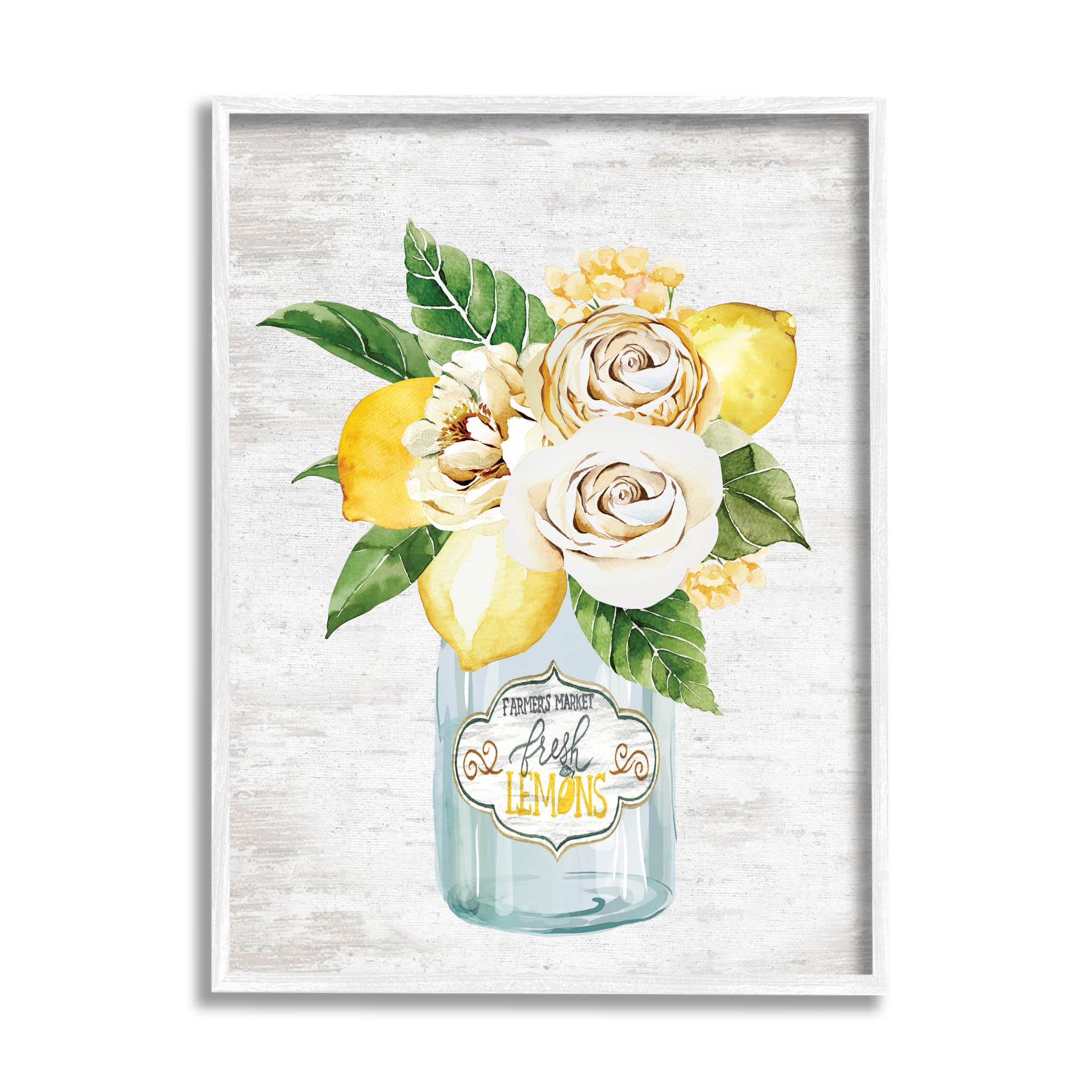 Stupell Industries Framed Wall Art - Fresh Lemon Floral Bouquet in Farmers Market Jar, 24x30 Inches, Yellow | Modern Kitchen Decor, Dining Room Wall Art, Farmhouse Style Home Decor