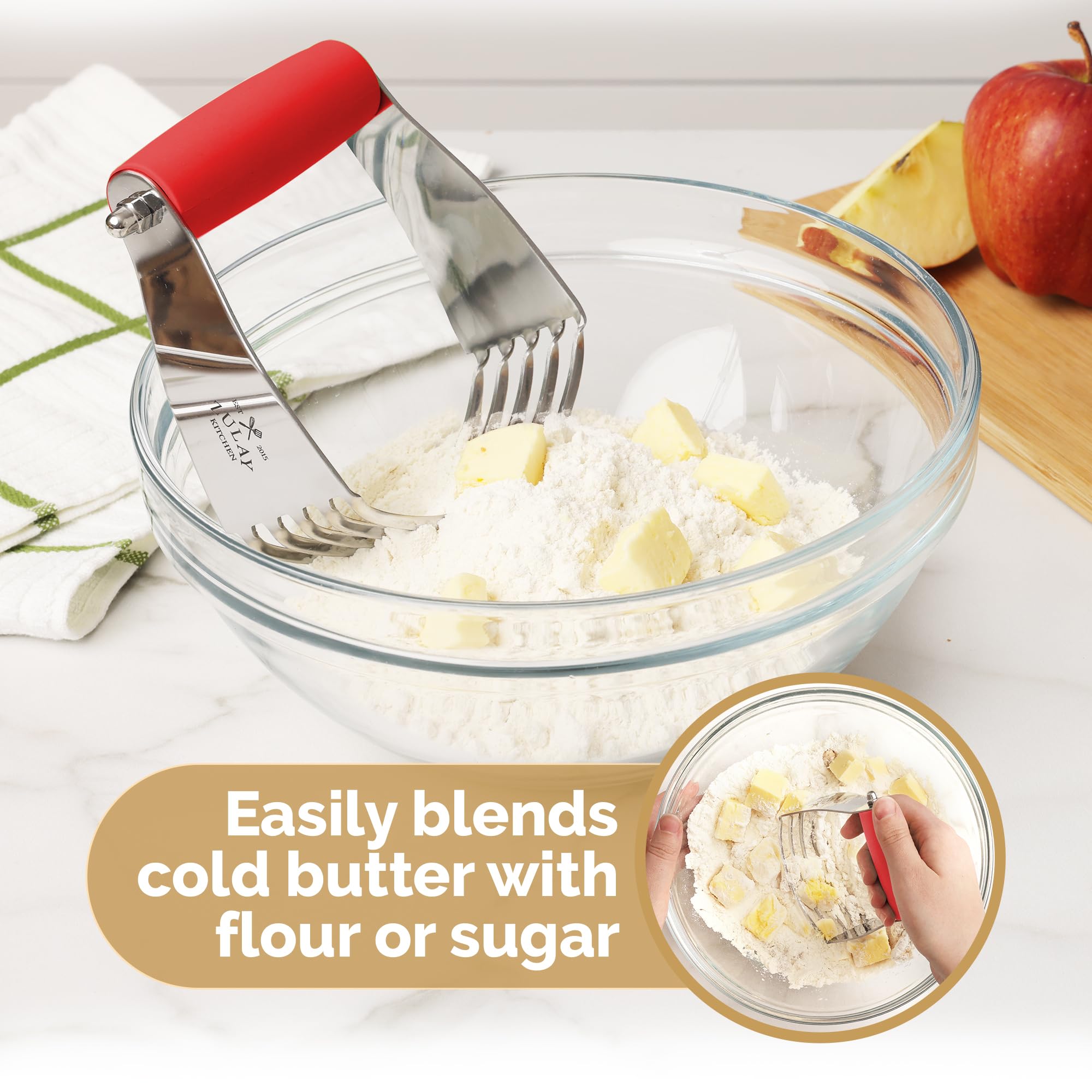 Zulay Kitchen Professional Stainless Steel Dough Blender - Heavy Duty Pastry Cutter with Sharp Blades for Baking Pies, Cookies & Biscuits - Perfect Butter Cutter for Home Bakers (Red) - Ideal for Making Flaky Pastry, Pie Crusts & Homemade Cookies