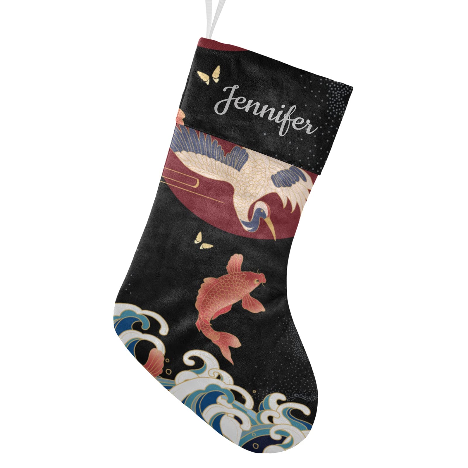 Eiis Japanese Great Wave Crane Personalized Christmas Stocking Holders - Handmade Fireplace Hanging Decor for Family Holiday Party, Xmas Tree Decoration & Winter Home Décor