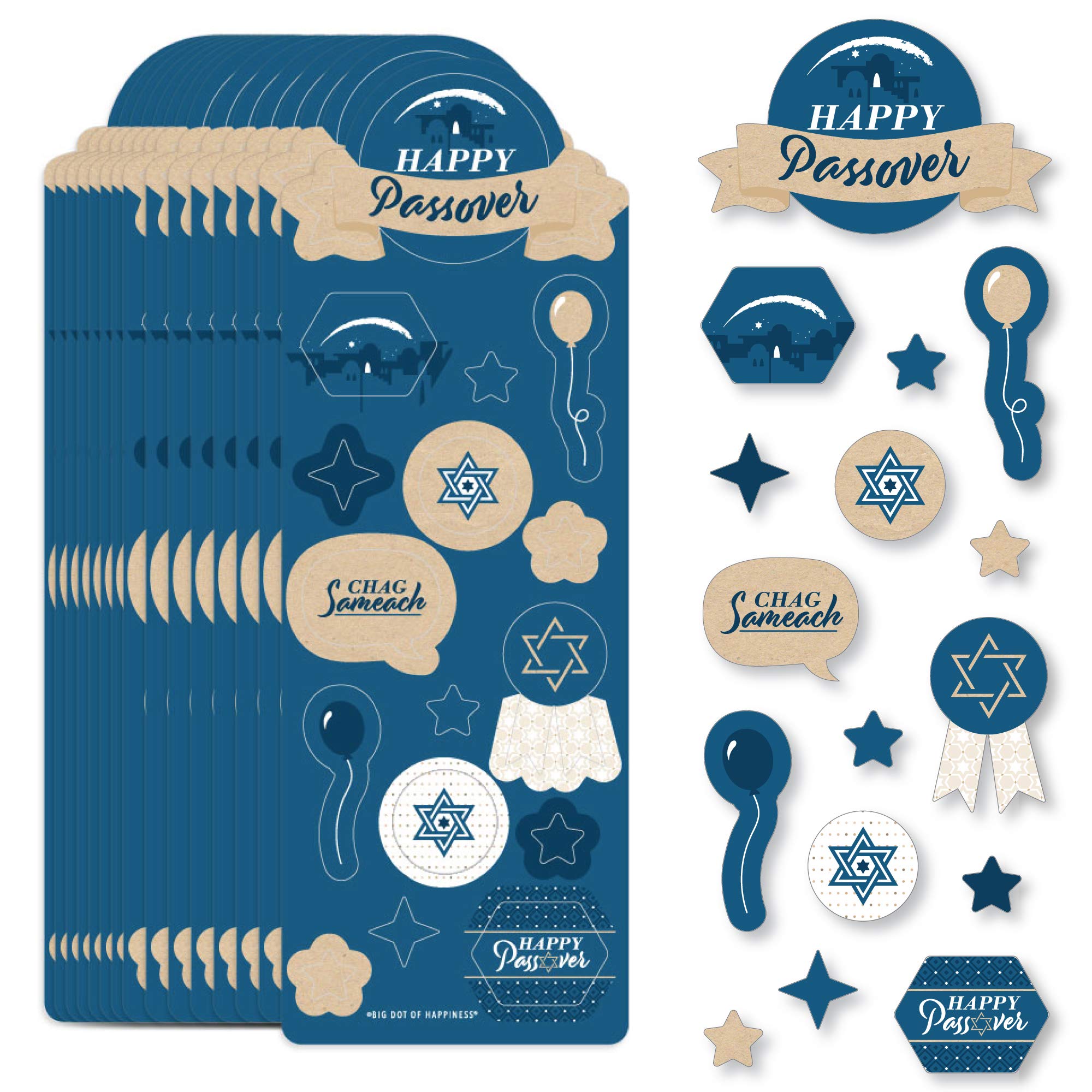 Happy Passover Stickers for Kids - 16 Sheets with 256 Pesach Jewish Holiday Party Favor Stickers by Big Dot of Happiness - Perfect for Classroom Activities, Gift Bags, and Holiday Celebrations