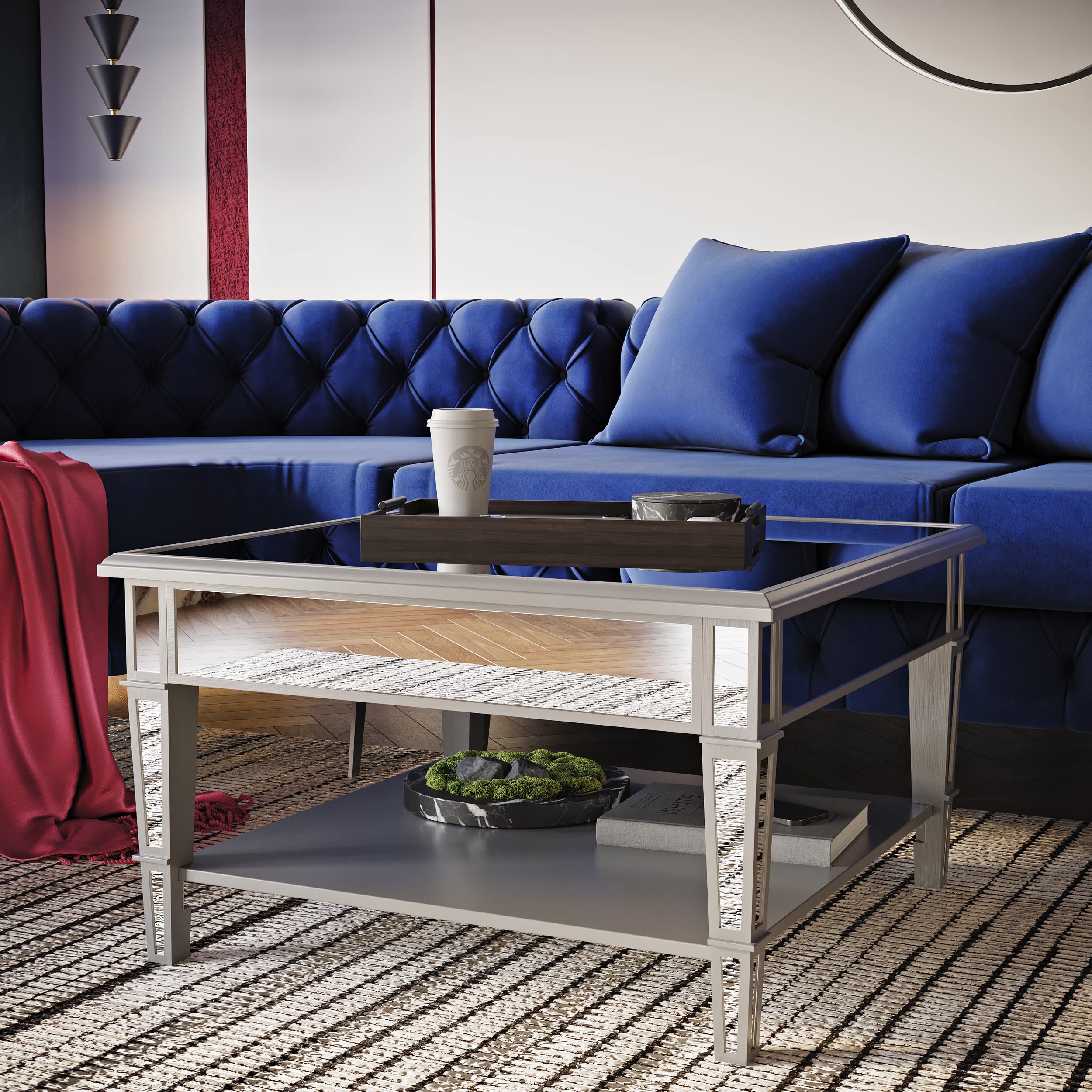 SEI Furniture Wedlyn Square Mirrored Coffee Table - Modern Silver Glass Top Living Room Center Table for Home Decor & Entertaining