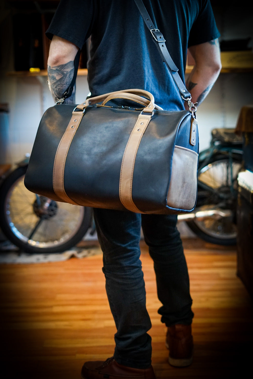 Overnighter Duffle Bag - Flat Black with Rustic Brown Accents - Perfect for Travel, Gym & Weekend Getaways