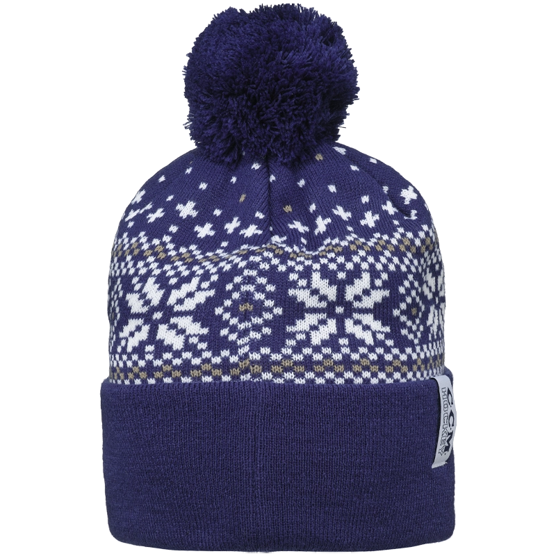 CCM Holiday Pom Knit Beanie - Blue & Grey Winter Hat for Men & Women - Perfect for Christmas, Skiing & Outdoor Activities
