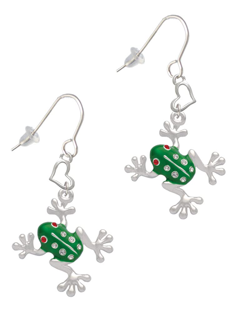 Silver Green Frog Crystal Heart French Earrings for Women
