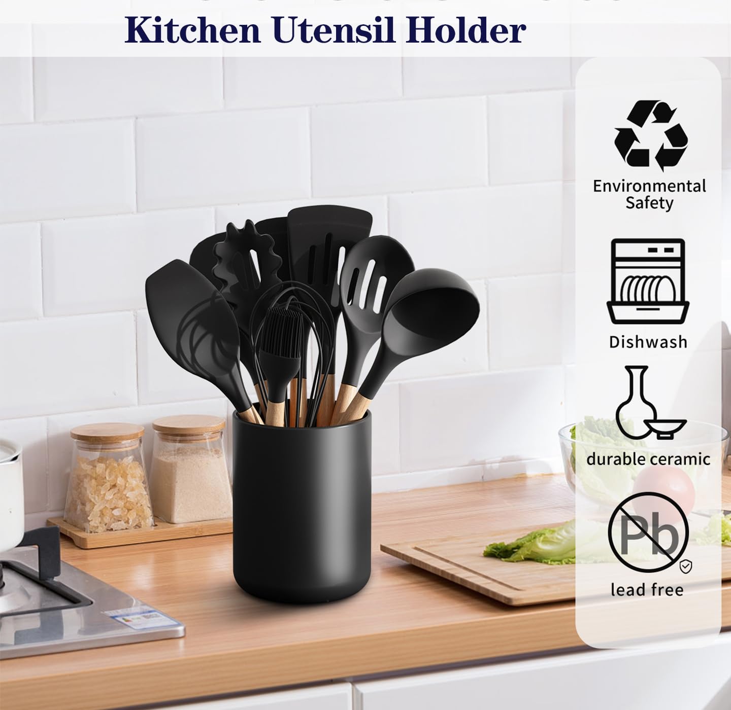 Black Matte Ceramic Utensil Holder for Kitchen Counter - 4.4x6.3 Inch Modern Cooking Tool Organizer | Spatula & Spoon Storage | Easy Clean Countertop Crock - Perfect for Stovetop, Baking & Meal Prep