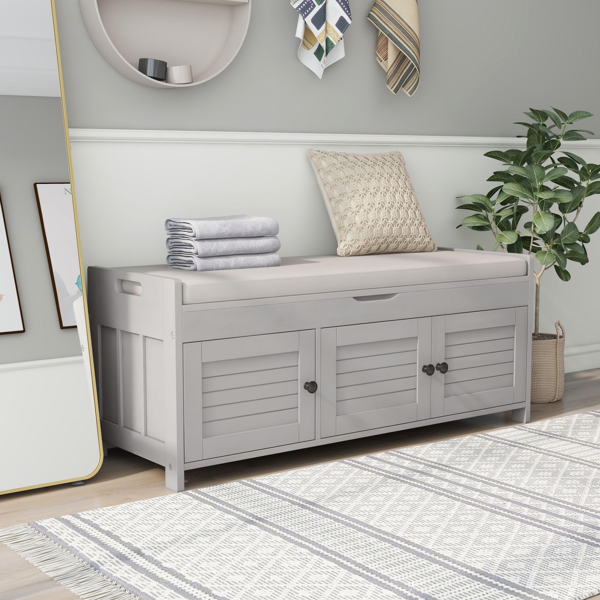 Harper & Bright Designs Solid Wood Storage Bench with 3 Shutter Doors, Removable Cushion & Hidden Compartment - Entryway Shoe Bench for Hallway, Living Room, Bedroom - Perfect for Organizing Shoes, Blankets & Home Decor