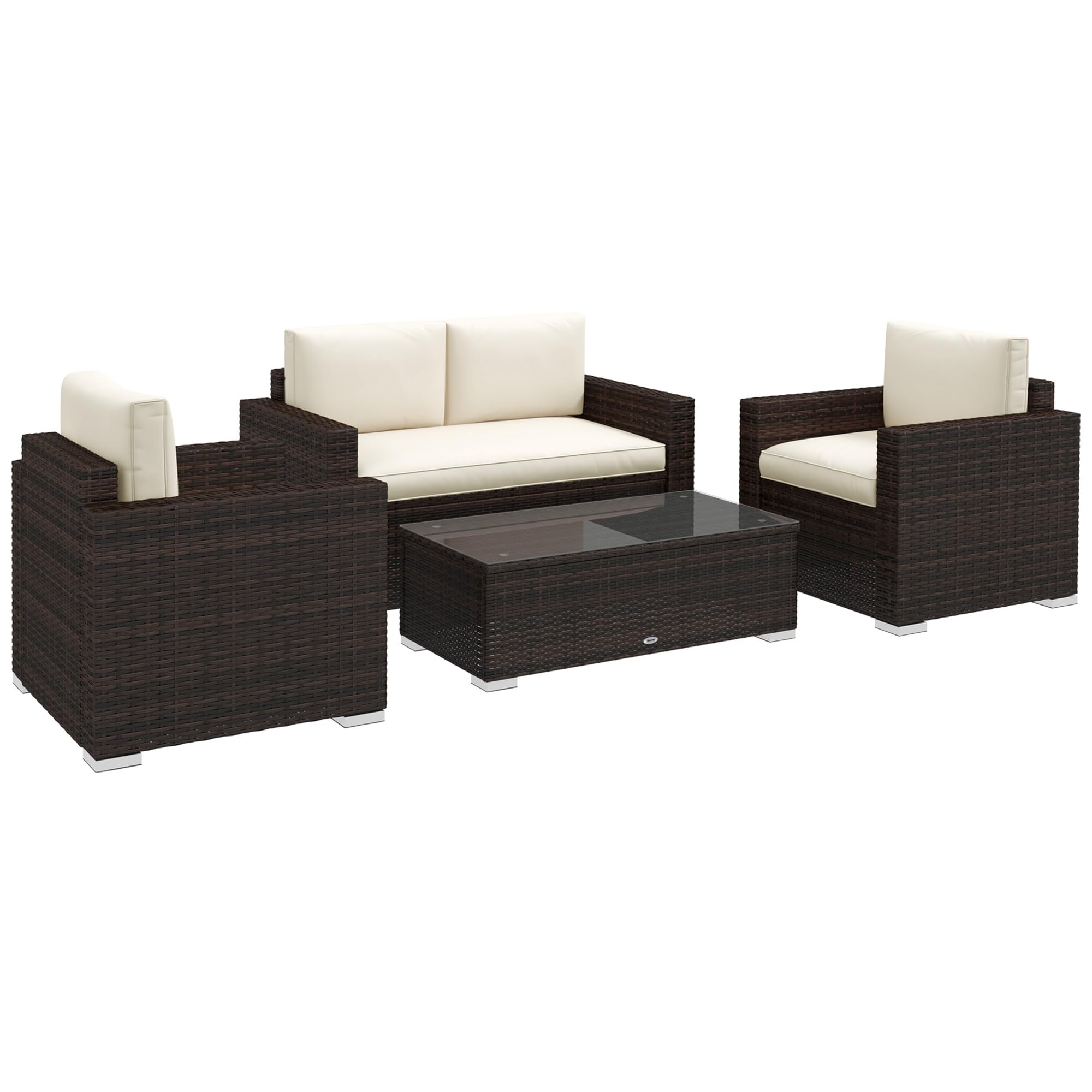 Outsunny 4-Piece Wicker Patio Furniture Set with Cushions - Outdoor Sectional Sofa Set with 2 Seating Chairs, Loveseat & Glass Top Coffee Table - Weather-Resistant Garden Conversation Set in Khaki - Perfect for Backyard, Poolside & Patio Relaxation
