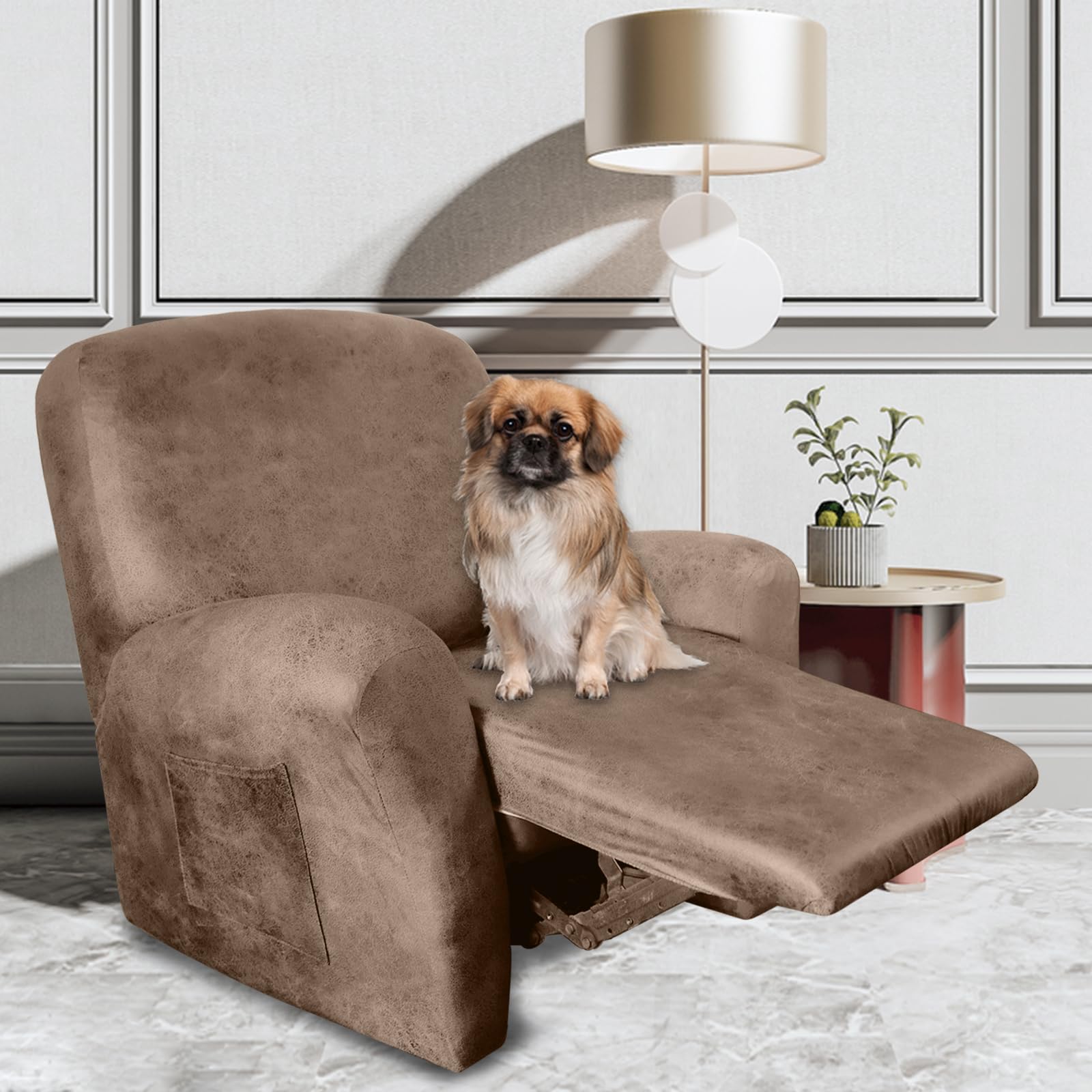 Premium Leather-Like Recliner Chair Covers - 4 Piece Set for Lazy Boy Recliners, Non-Slip Washable Slipcovers Pet-Friendly Furniture Protector (Light Brown) - Perfect for Living Room, Home Theater & Pet Owners