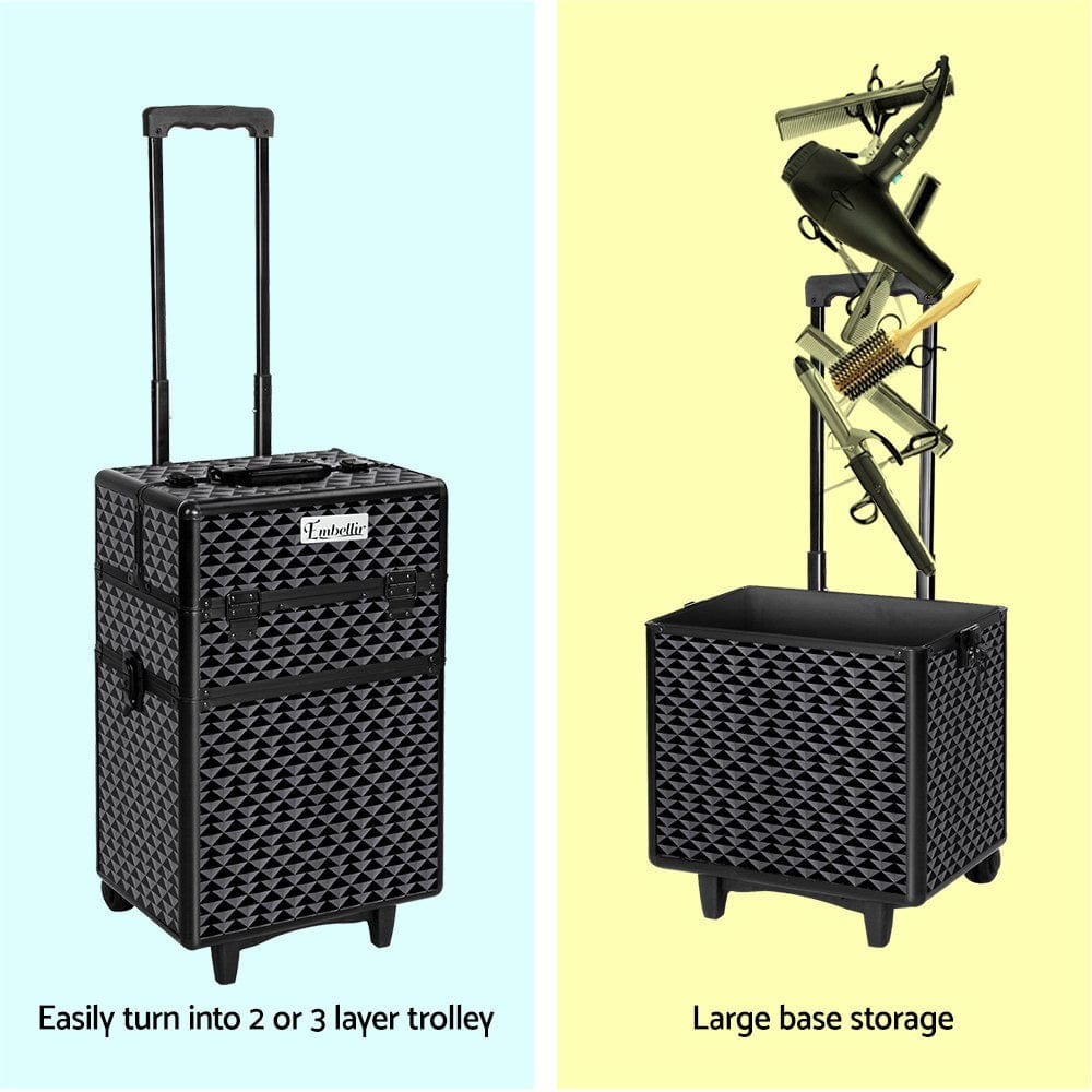 Embellir Professional Makeup Case - Beauty Trolley with Wheels, Cosmetic Organizer Box for Travel & Salon Use | Diamond Design for Makeup Artists & Stylists