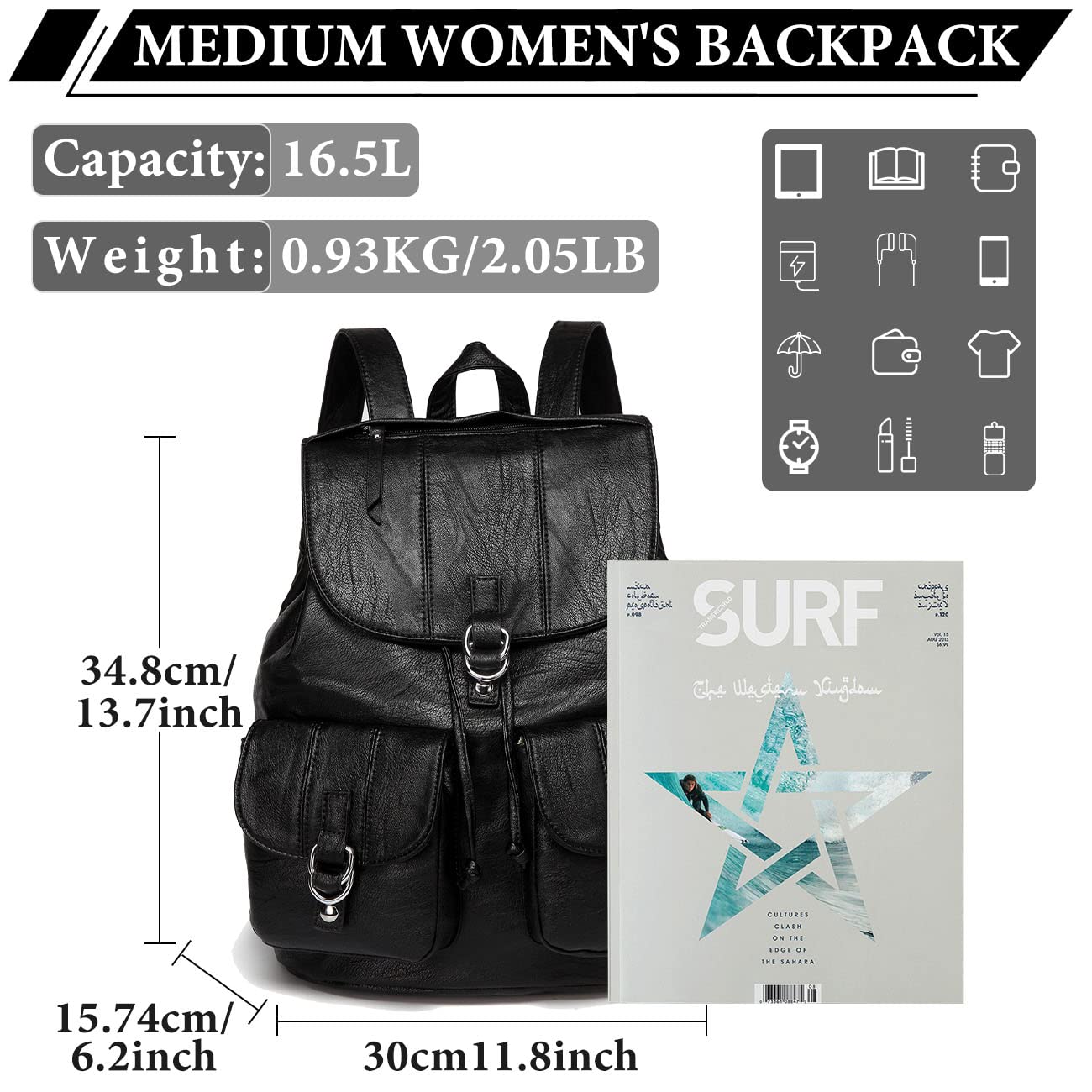 VASCHY Women's Faux Leather Backpack Purse with Buckle Flap & Drawstring Closure, Stylish College Backpack with Two Front Pockets - Black | Perfect for School, Travel & Everyday Use