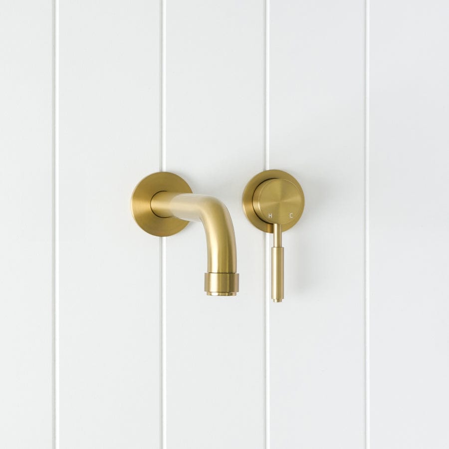Brushed Brass Melbourne Wall Spout with Mixer - Modern Bathroom Faucet for Sink and Vanity - Perfect for Home and Hotel Renovations