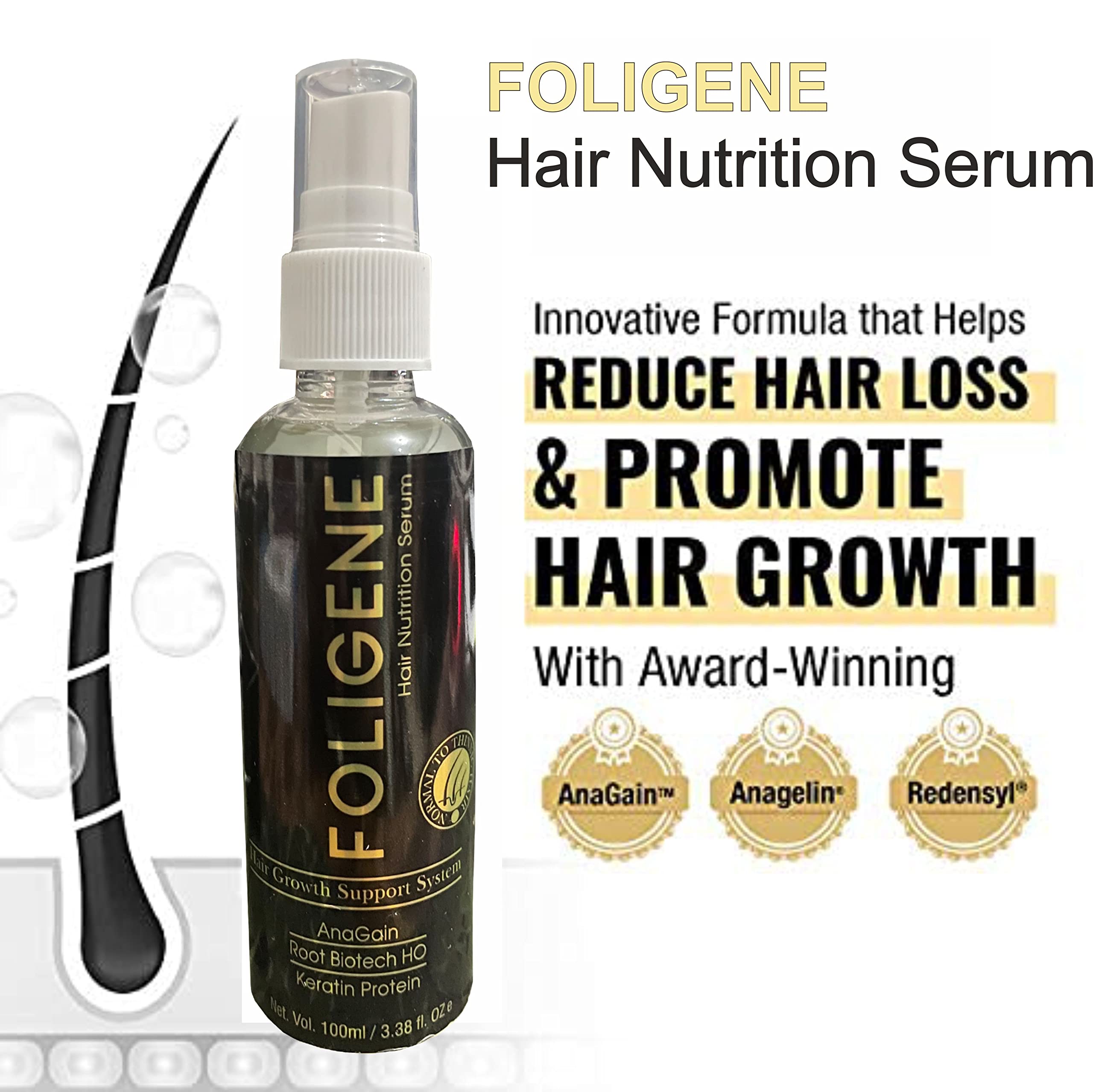 Rotex Foligene Hair Growth Serum with Anagain & Keratin Protein - 100ml Hair Treatment for Thicker, Stronger Hair | Prevents Hair Loss & Stimulates Growth | Ideal for Daily Use, Post-Wash Care & Scalp Nourishment