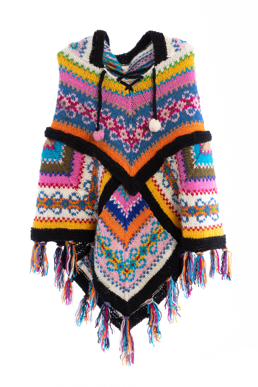 Fair Isle Patchwork Hooded Poncho - Cozy Knitted Winter Cape for Women - Perfect for Outdoor Adventures, Camping & Casual Wear