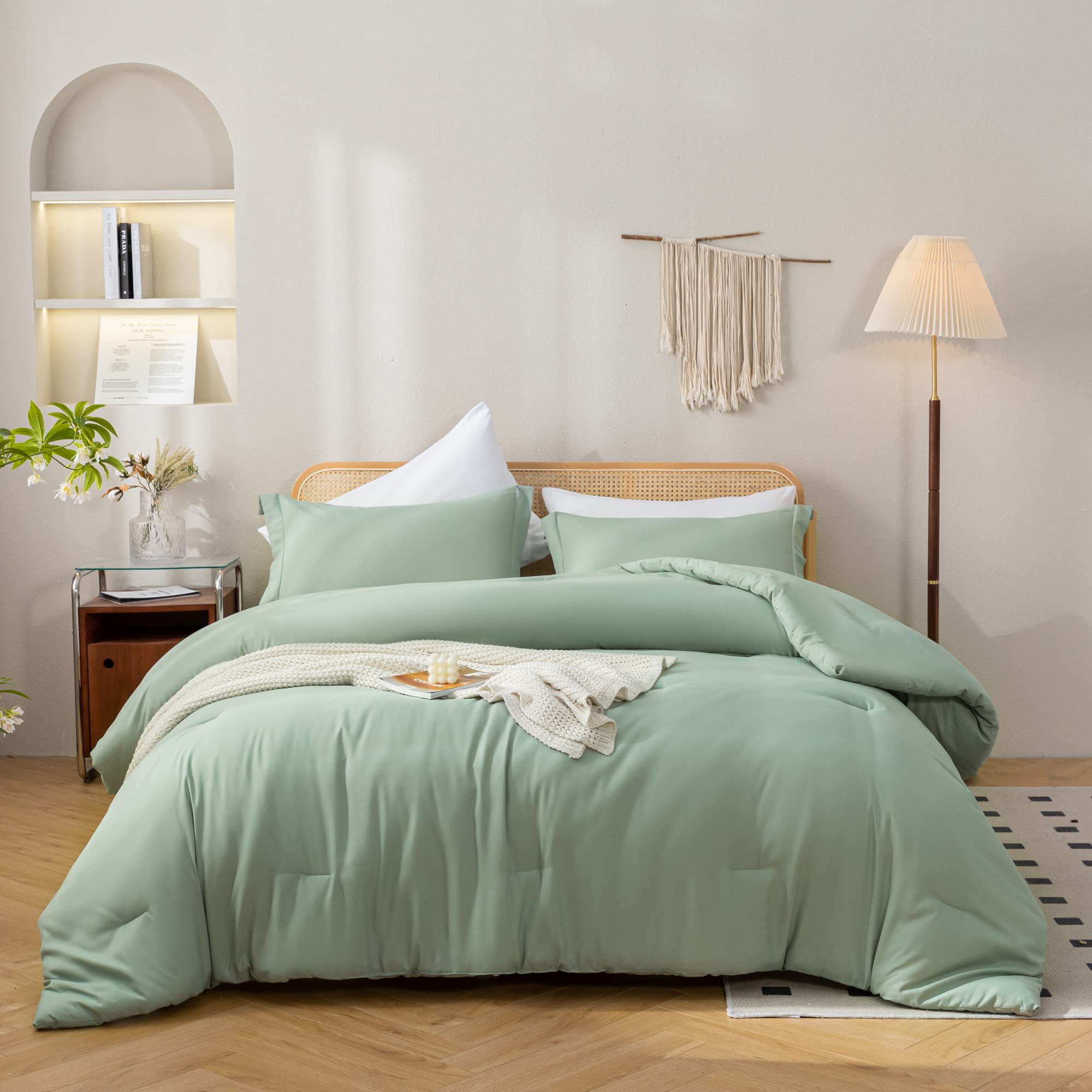 JANZAA 7-Piece Queen Comforter Set in Sage Green - All Season Soft Bedding Includes Comforter, Pillow Shams, Sheets & Pillowcases | Perfect for Master Bedroom, Guest Room & Cozy Home Decor