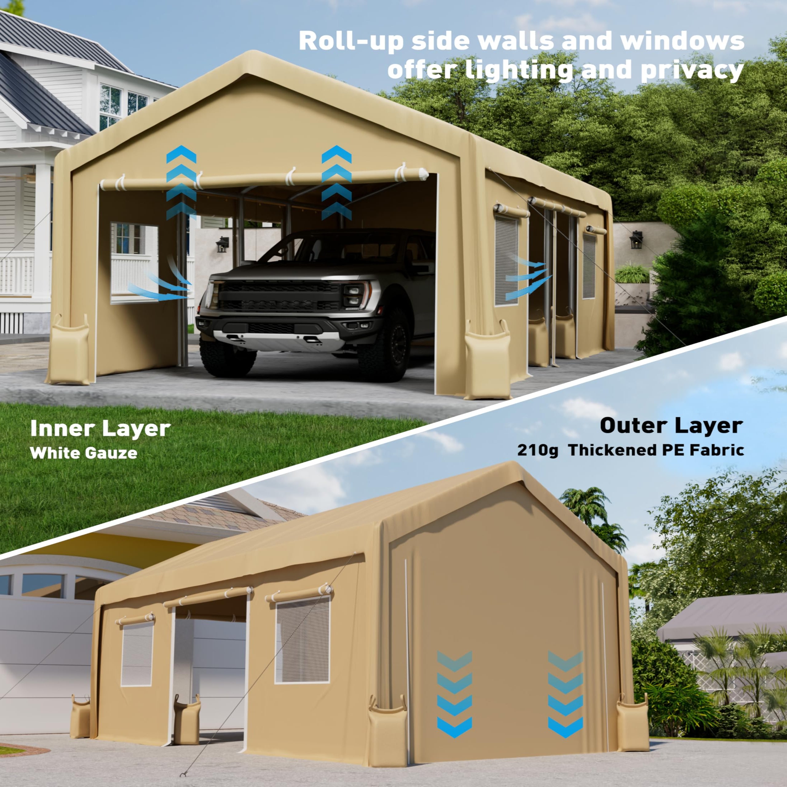Heavy Duty Waterproof Windproof Garage Top Tent Shelter Replacement - 2 Pcs Zipper Doors Portable Carport, UV Protected Tarp 13' x 20' & 13' x 25' (Doors Only) Yellow - Perfect for Outdoor Storage, Vehicle Protection, and Camping Shelter