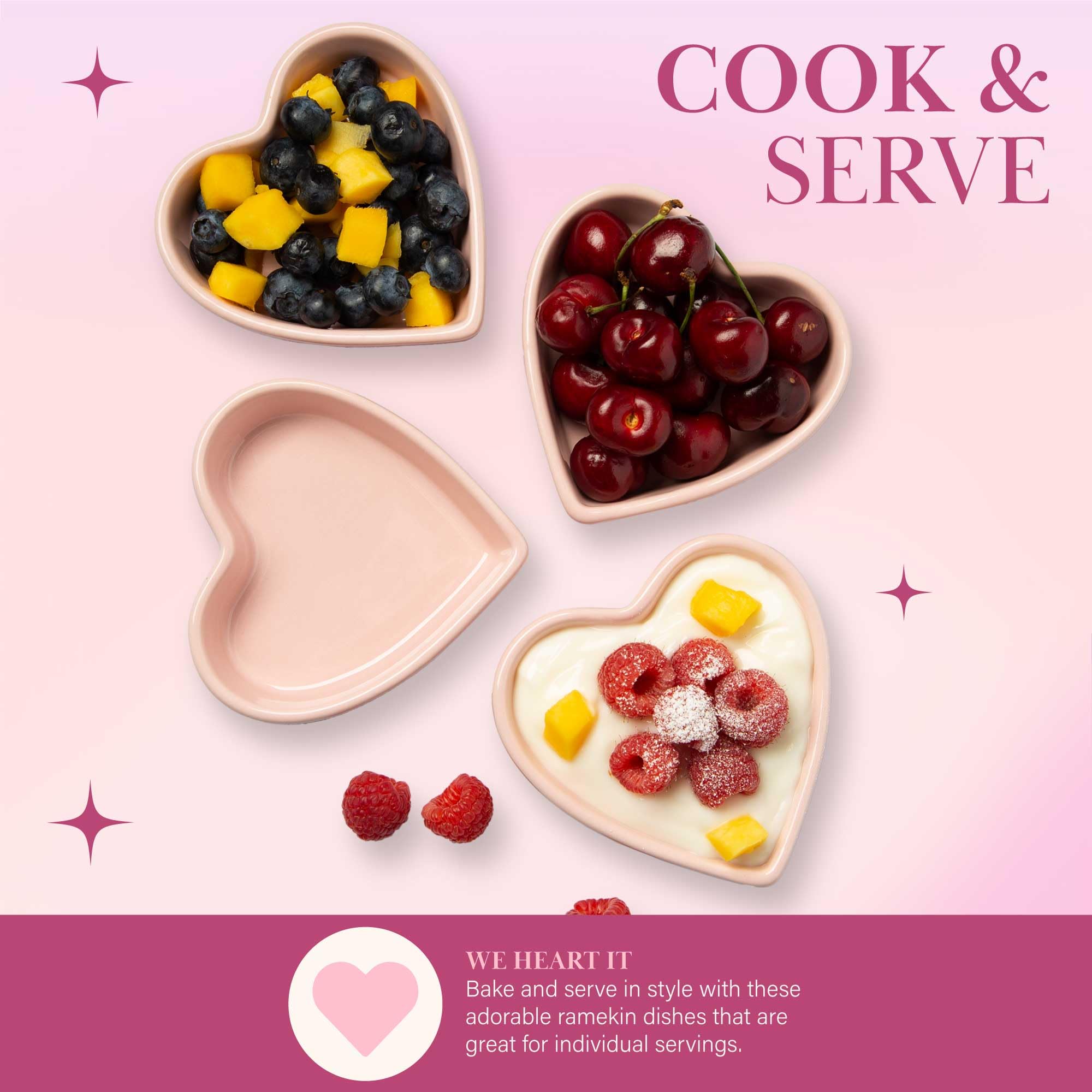 Paris Hilton Heart Shaped Ramekin Set - 4-Piece Mini Ceramic Baking Dishes | Oven & Dishwasher Safe Stoneware | PFOA-Free | Perfect for Valentine's Day Desserts, Romantic Dinners & Party Appetizers (Pink)