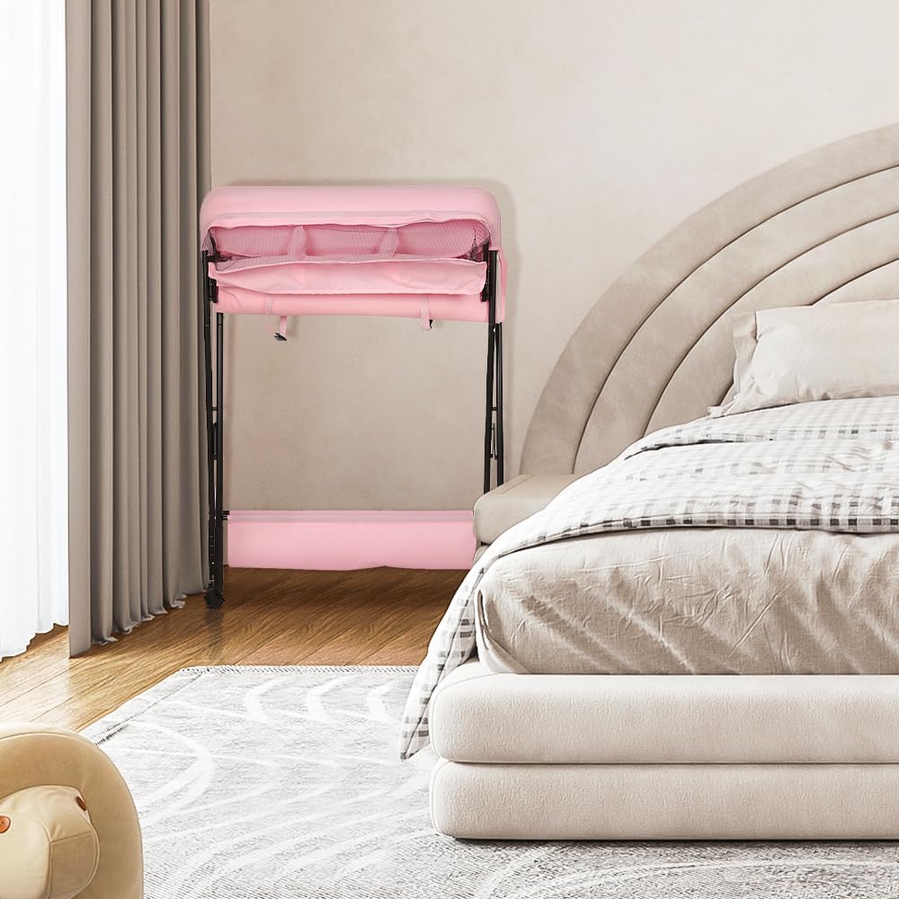 Adjustable Height Folding Baby Changing Table with Storage Basket & Wheels - Portable Nursery Diaper Station for Newborns & Toddlers (Pink) - Perfect for Small Spaces, Daycare & Travel Use