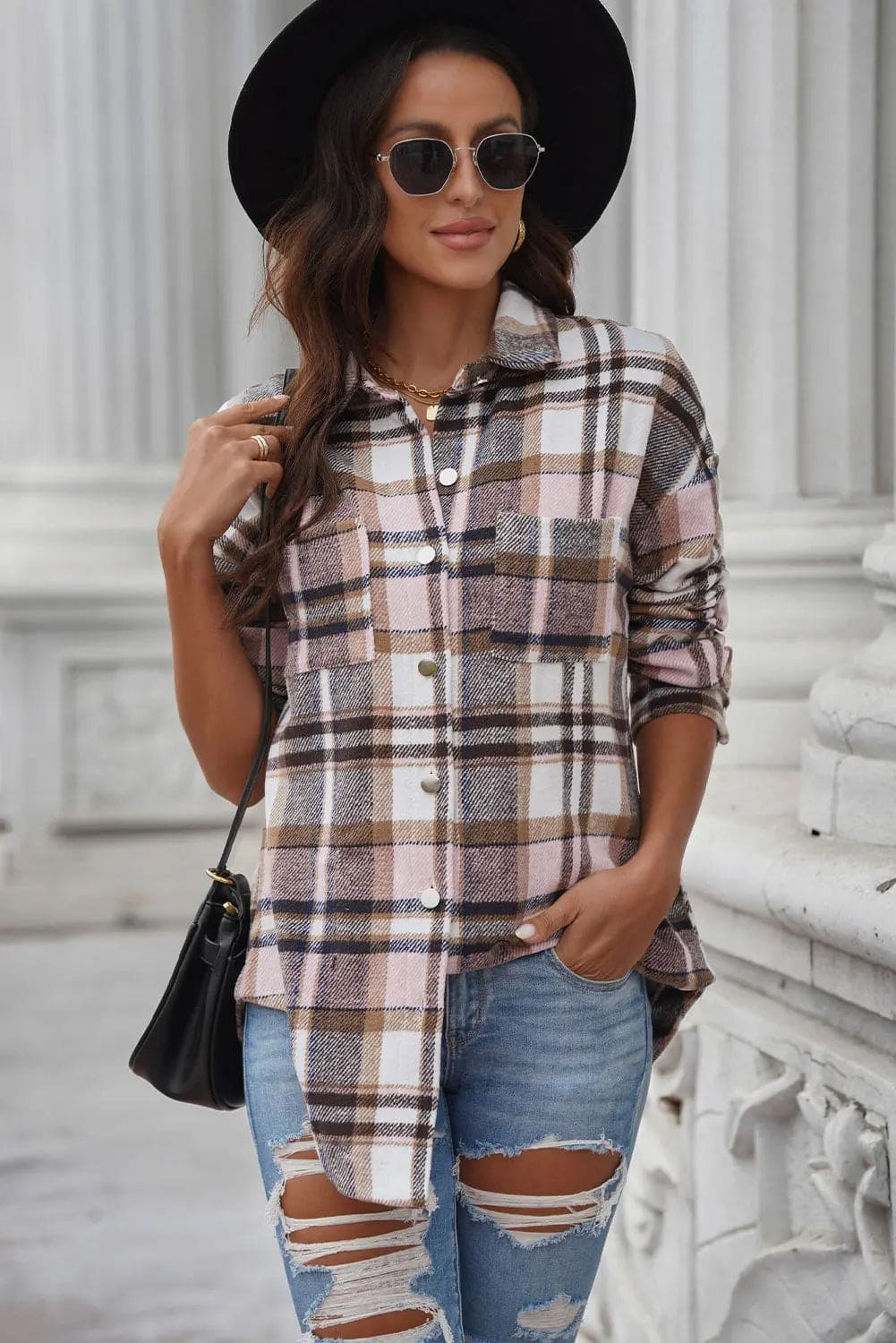 Plaid Curved Hem Dropped Shoulder Longline Shirt Jacket for Men & Women - Stylish Oversized Button Down Shirt Coat for Casual Wear, Layering & Outdoor Activities