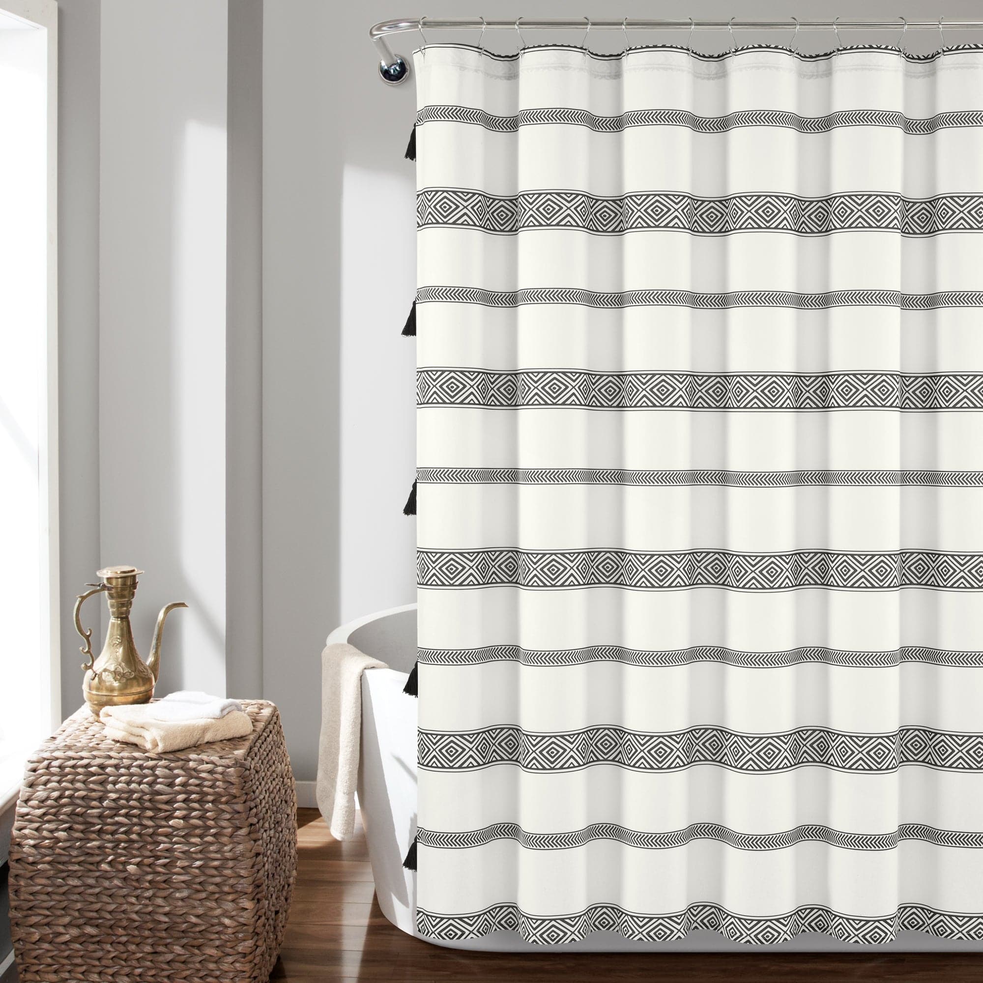 Boho Stripe Tassel Shower Curtain - Handmade Yarn Dyed Recycled Cotton Bathroom Decor for Boho, Farmhouse & Coastal Style Homes - Perfect for Bathrooms, Guest Rooms & Beach Houses