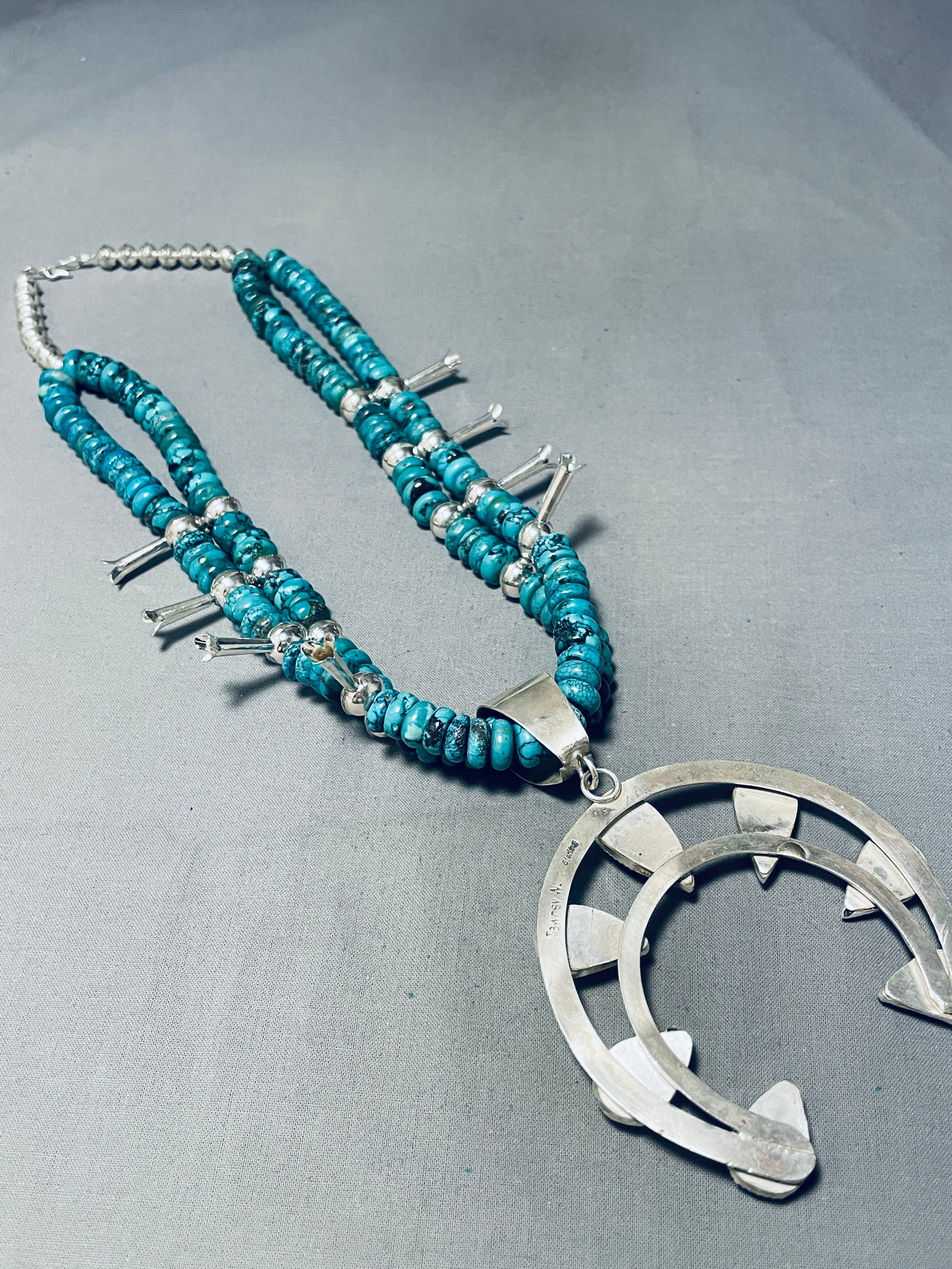 Authentic Navajo Turquoise Sterling Silver Squash Blossom Necklace - 198g Handcrafted Native American Jewelry for Women, Perfect for Boho Fashion, Weddings & Special Occasions