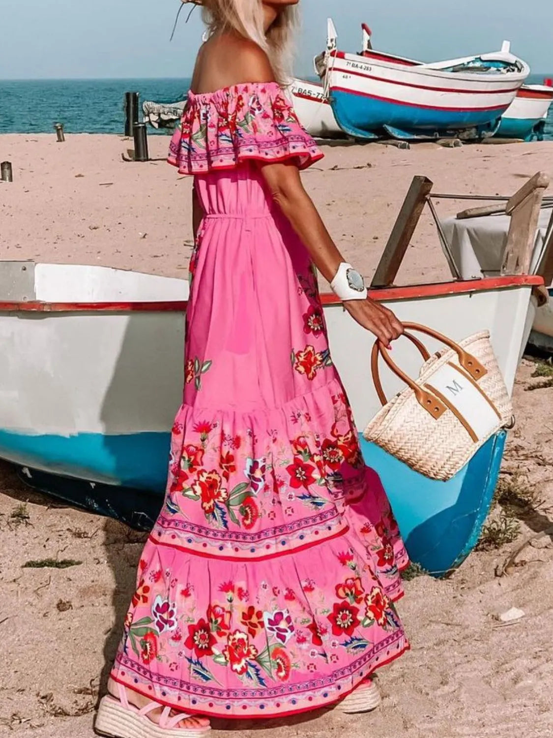 Floral Off Shoulder Ruffle Maxi Dress for Women - Summer Beach Vacation, Resort Wear & Boho Party Outfit