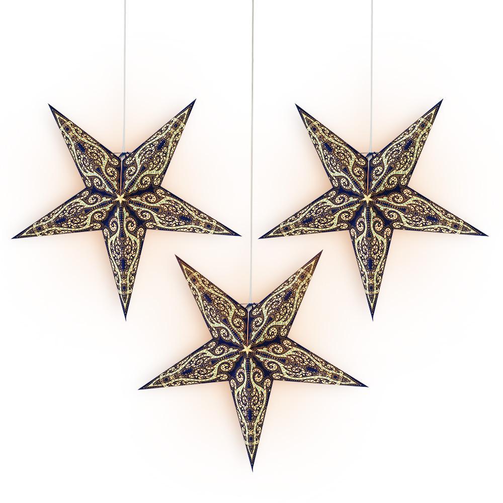 3 Pack 24 Blue Vines Paper Star Lanterns with LED Bulbs & Lamp Cord - Hanging Party Decor for Wedding, Baby Shower, Garden & Indoor Lighting