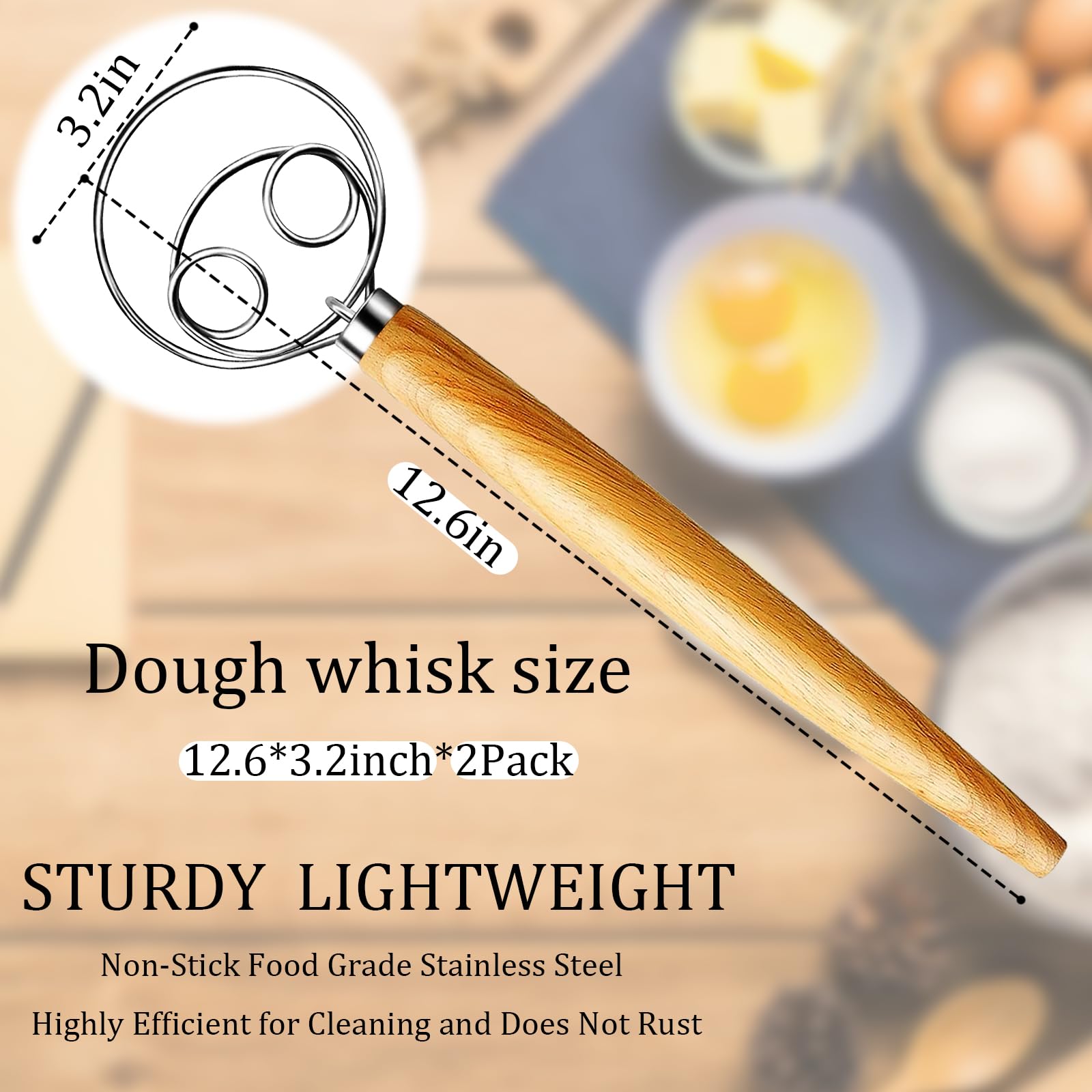 2-Pack Danish Dough Whisk Set - Stainless Steel Bread Mixer with Wooden Handle for Sourdough, Pizza, Pastry & Biscuits - Perfect for Home Bakers & Professional Baking Supplies (Ideal for Bread Making, Cake Mixing & Dough Preparation)