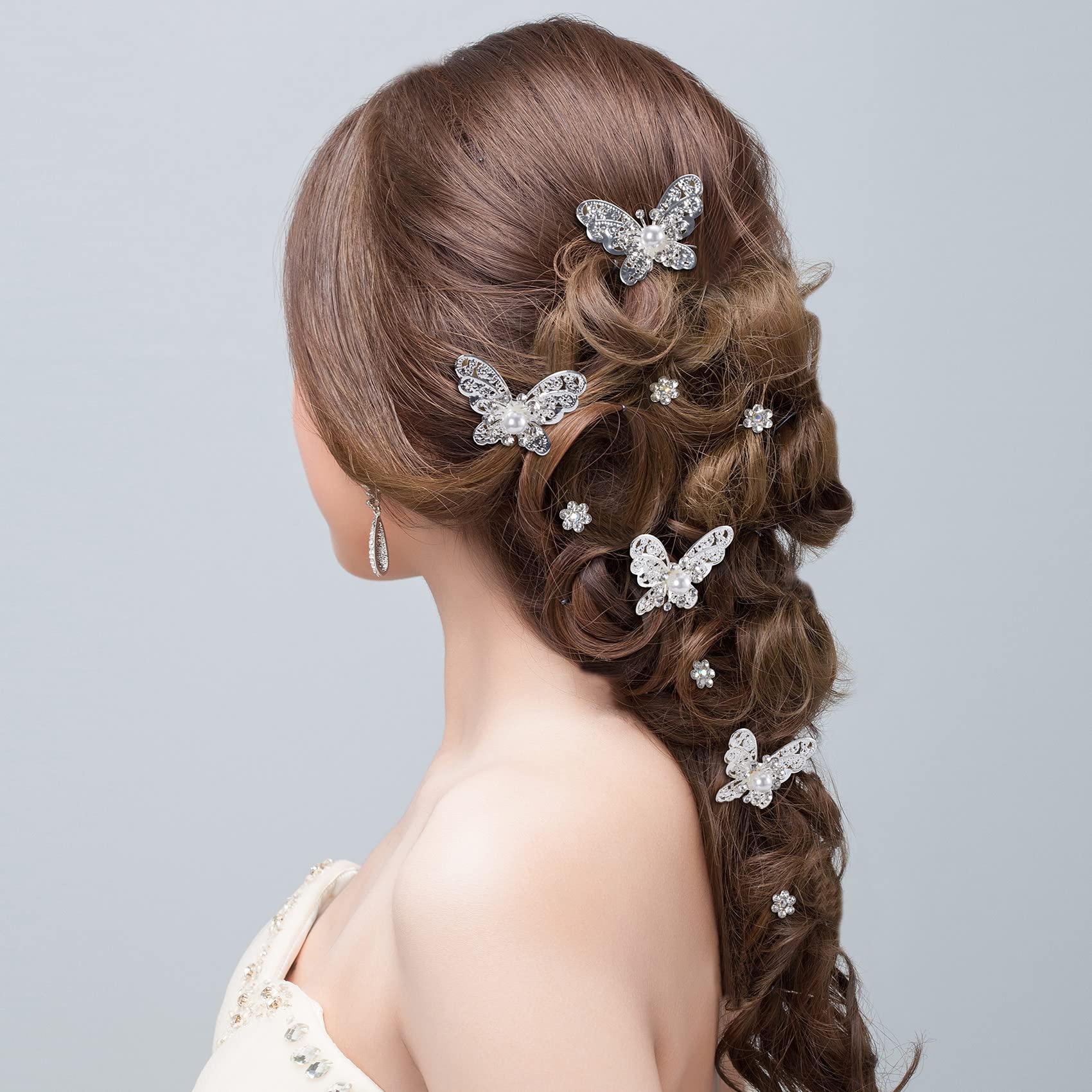 OIIKI 20 PCS Wedding Bridal Hair Pins - Pearl Butterfly U Shape Hair Clips with Rhinestones & Flowers - Elegant Hair Accessories for Women & Girls - Perfect for Weddings, Proms, Parties & Special Occasions