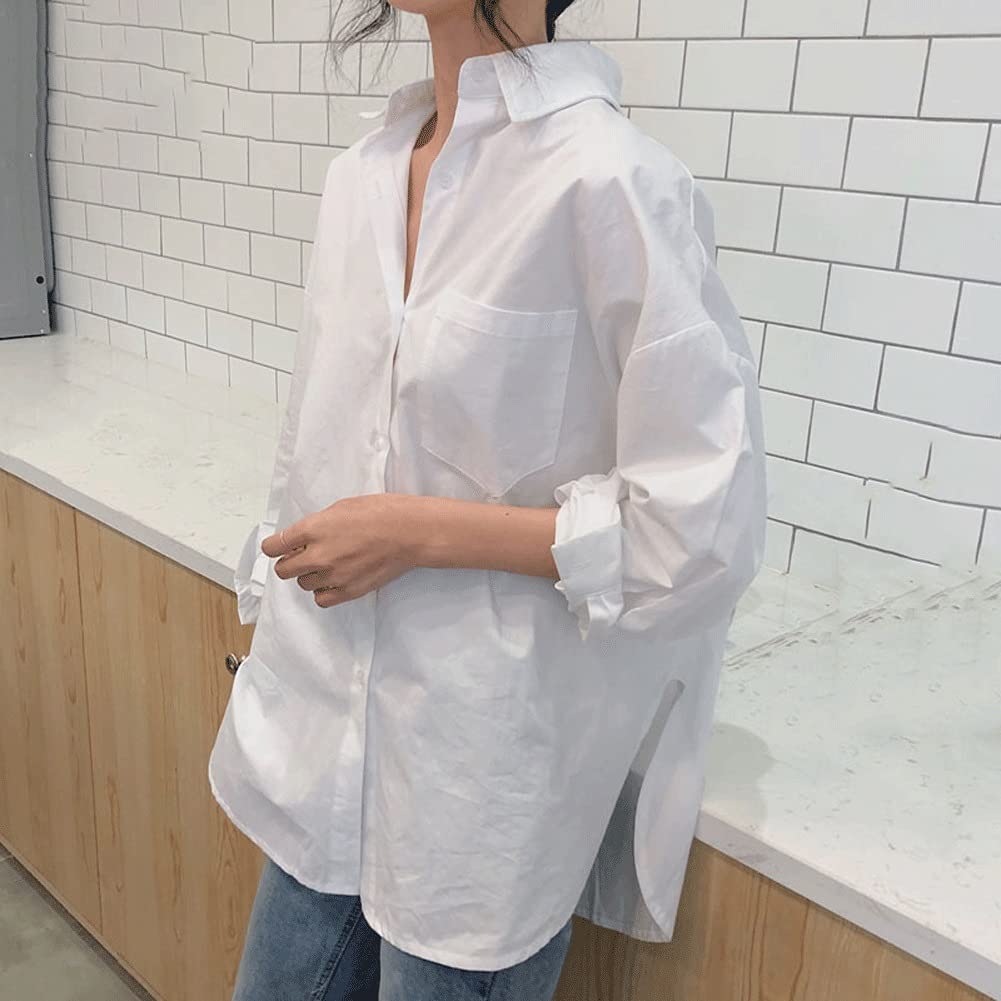 Vintage Women's Loose Fit Cotton Long Sleeve Blouse - White Casual Turn-Down Collar Shirt for Spring & Autumn | Comfortable Ladies Top for Office, Dating & Everyday Wear (Size L)